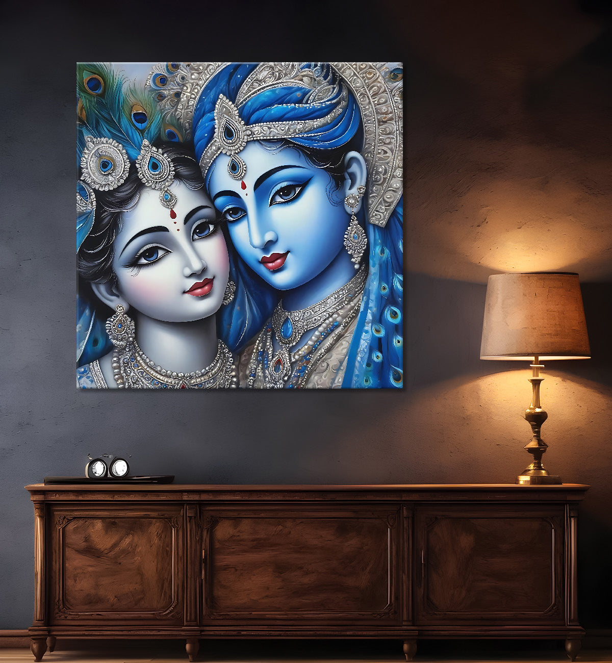 Blue face of krishna and radha with blue textured in oil painting Canvas Painting 24X24- Design - Krishna-S-77