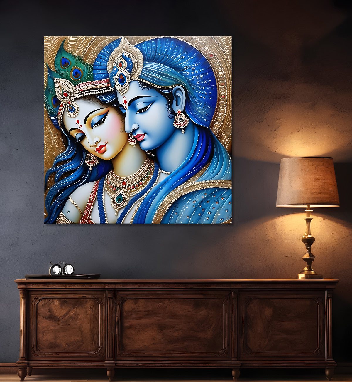Blue face of krishna and radha with blue textured in oil painting Canvas Painting 24X24- Design - Krishna-S-78