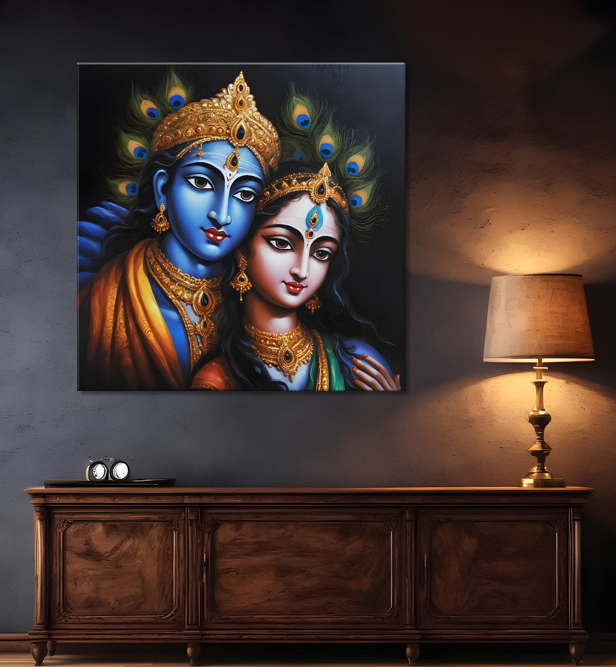 Blue face of krishna and radha with blue textured in oil painting Canvas Painting 24X24- Design - Krishna-S-79