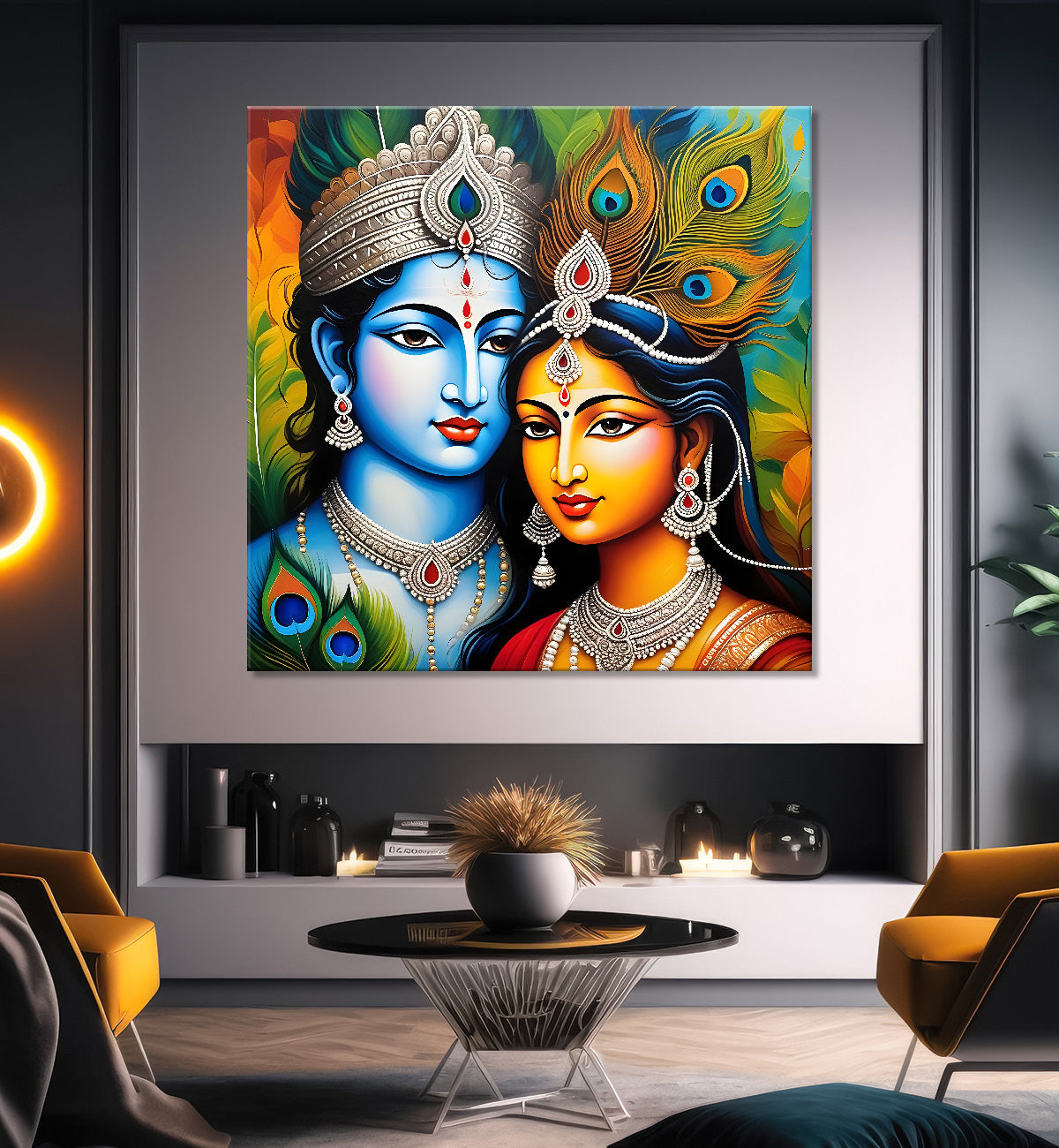 Blue face of krishna with radha in oil painting Canvas Painting 24X24- Design - Krishna-S-1