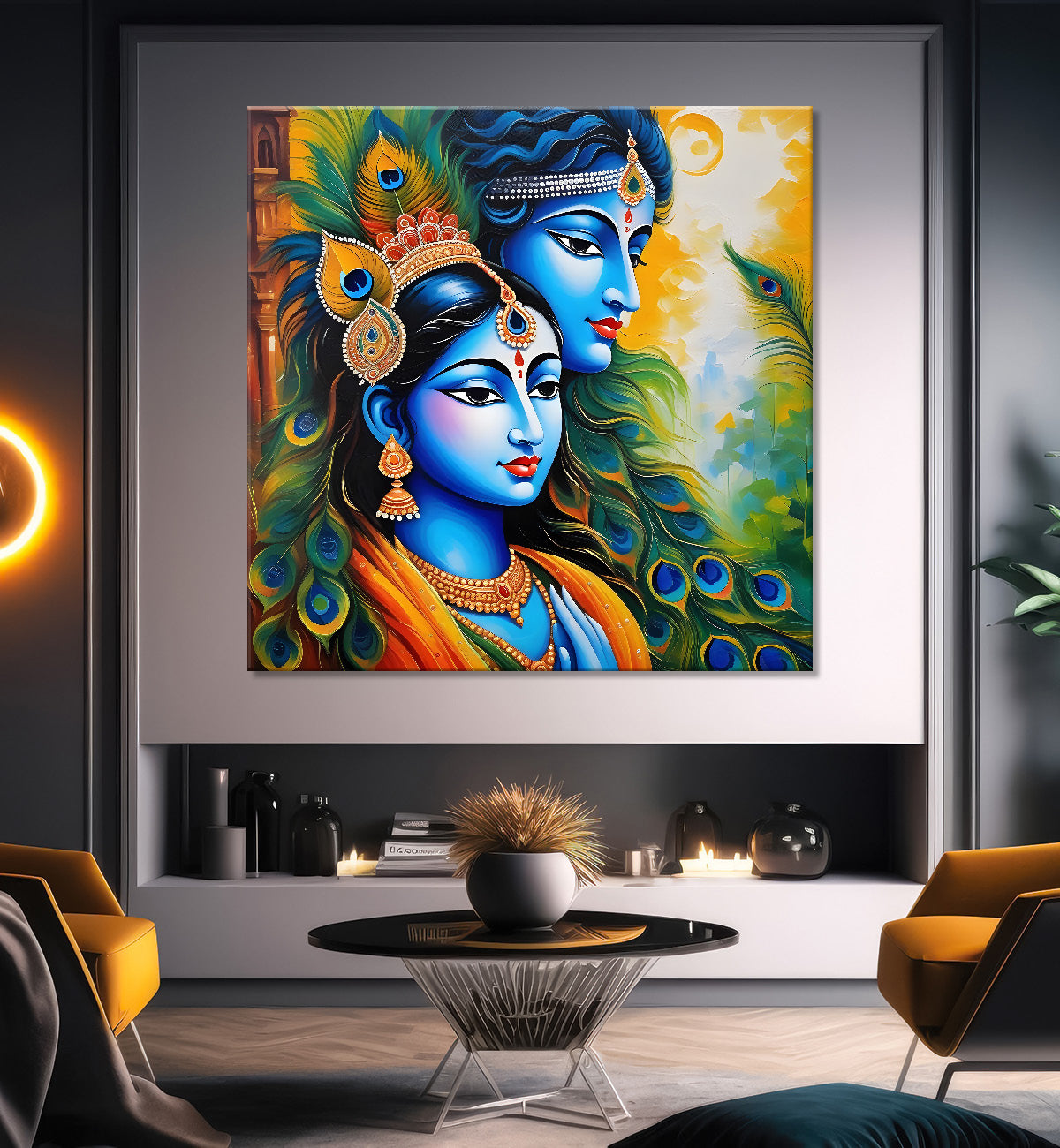 Blue face of krishna with radha in oil painting Canvas Painting 24X24- Design - Krishna-S-2