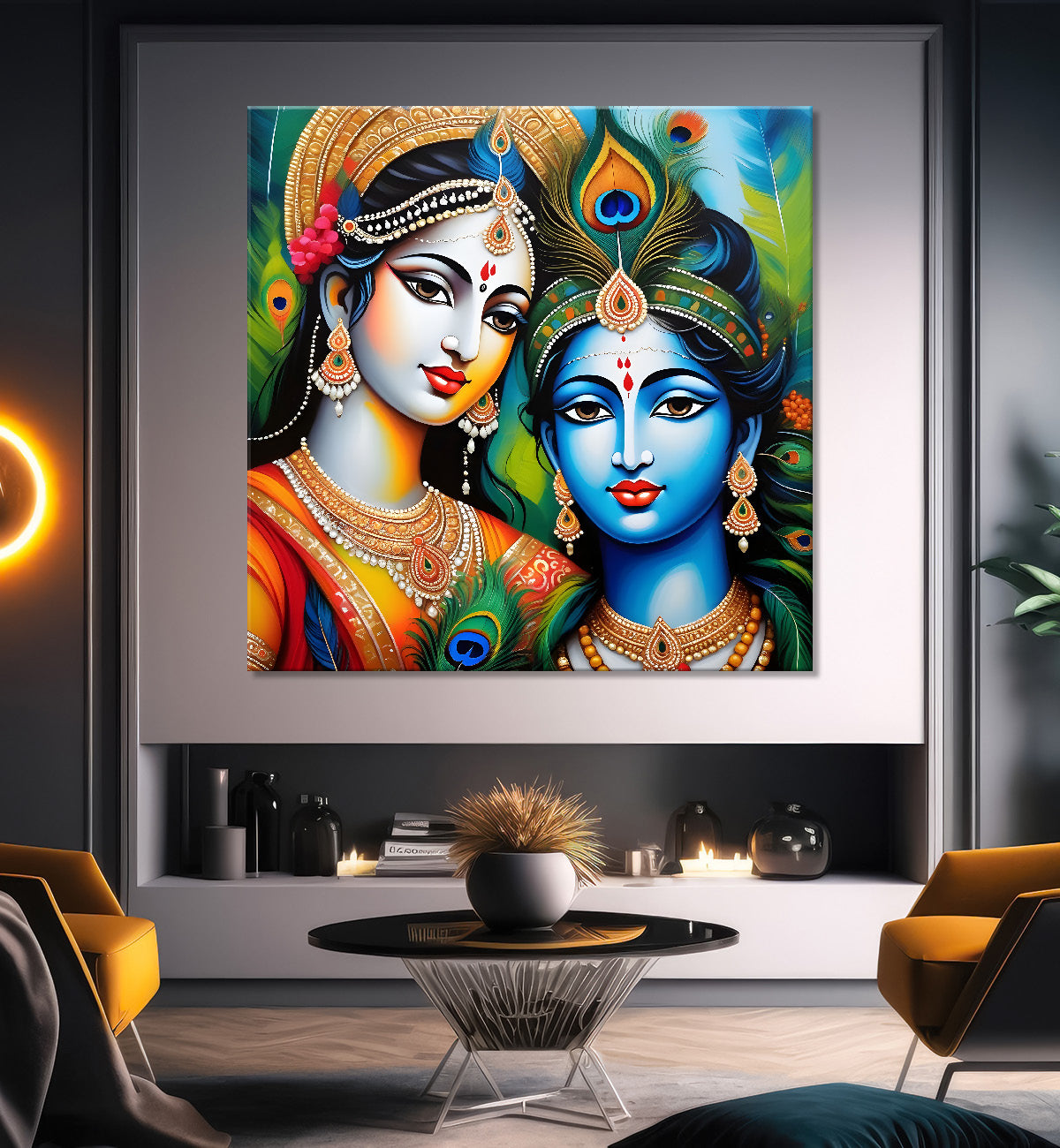 Blue face of krishna with radha in oil painting Canvas Painting 24X24- Design - Krishna-S-3
