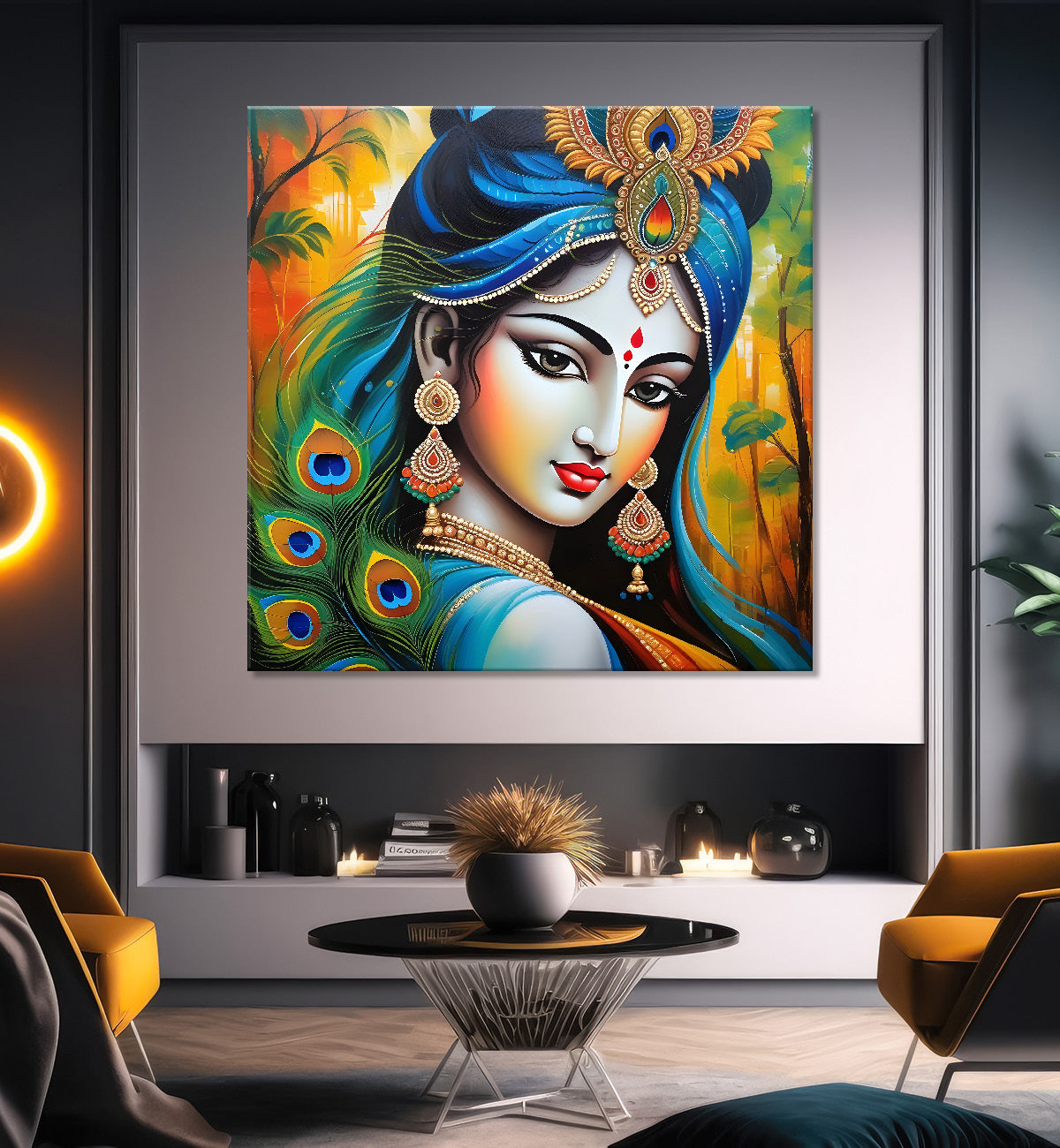 Radha with orange and peacock feathers oil painting Canvas Painting 24X24- Design - Krishna-S-5