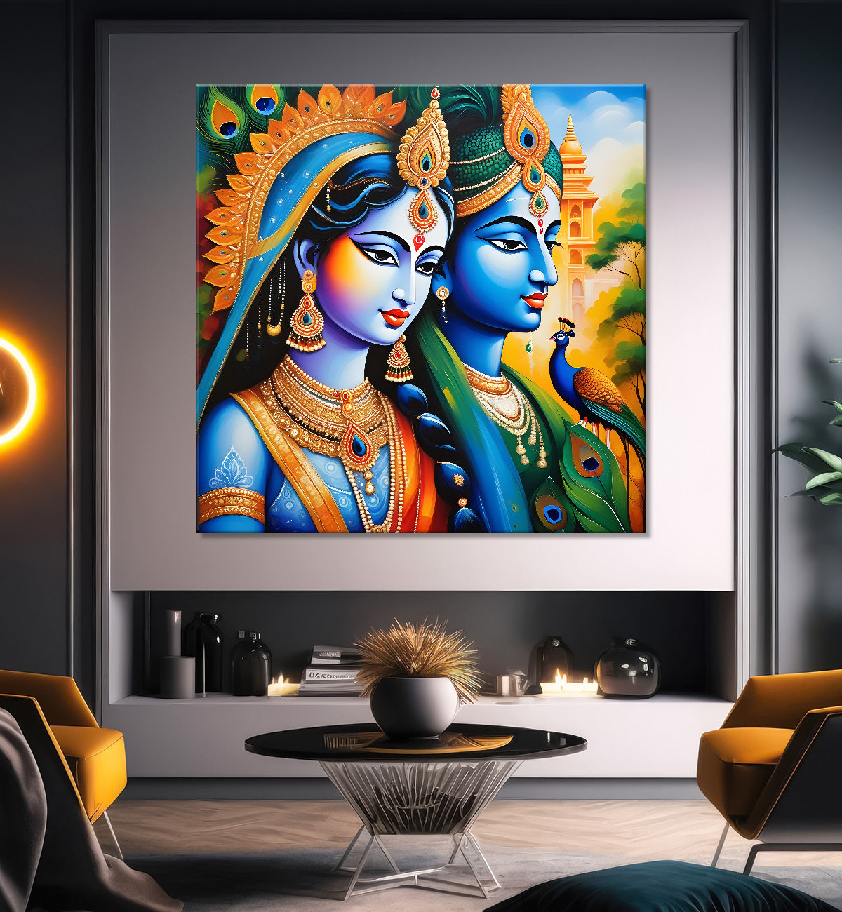 Blue face of krishna with radha in oil painting Canvas Painting 24X24- Design - Krishna-S-6