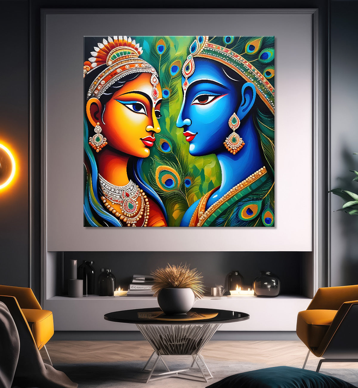 Blue face of krishna with radha in oil painting Canvas Painting 24X24- Design - Krishna-S-11