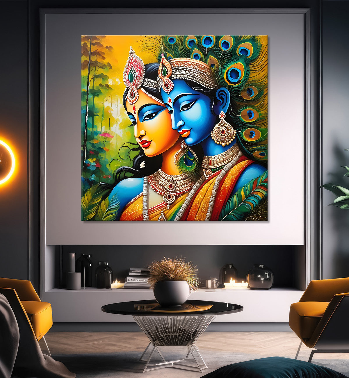 Blue face of krishna with radha in oil painting Canvas Painting 24X24- Design - Krishna-S-12