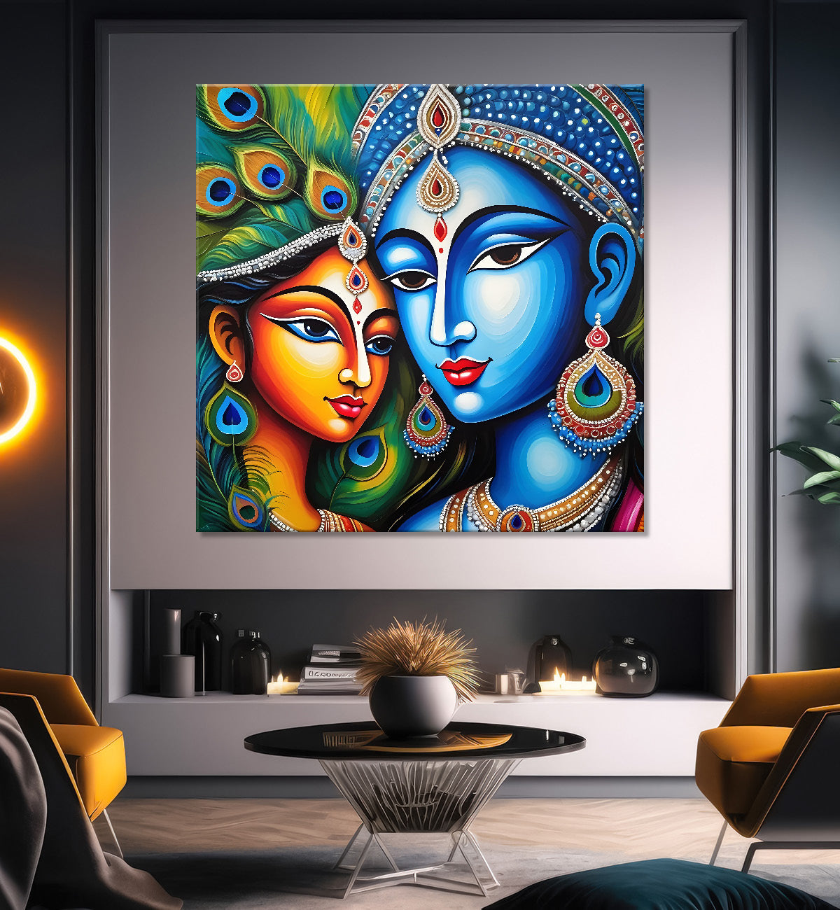 Blue face of krishna with radha in oil painting Canvas Painting 24X24- Design - Krishna-S-13
