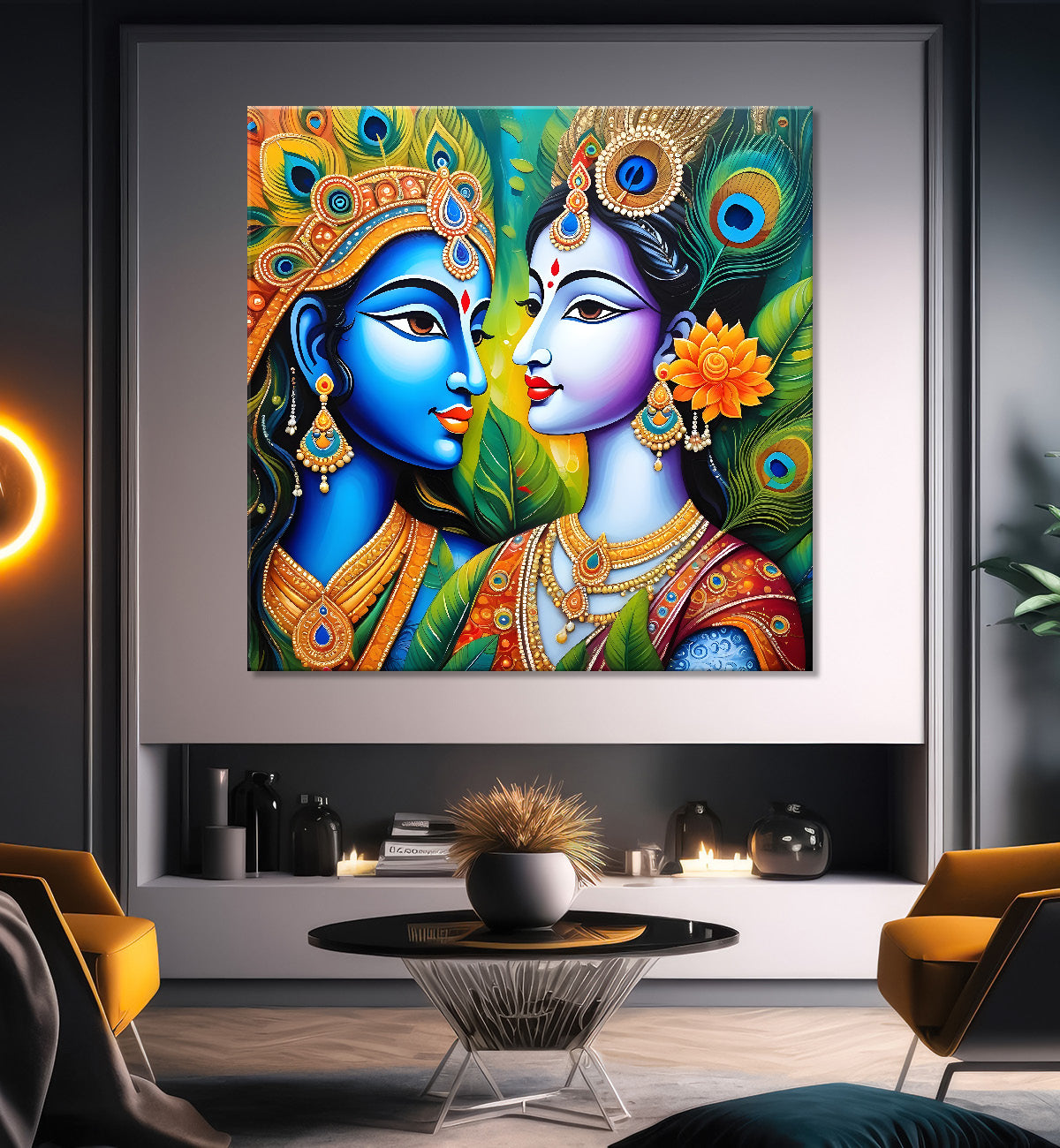 Blue face of krishna with radha in oil painting Canvas Painting 24X24- Design - Krishna-S-14