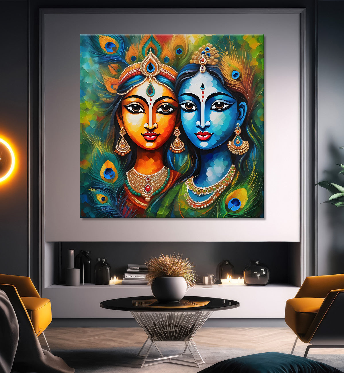 Blue face of krishna and radha with peacock feathers oil painting Canvas Painting 24X24- Design - Krishna-S-17