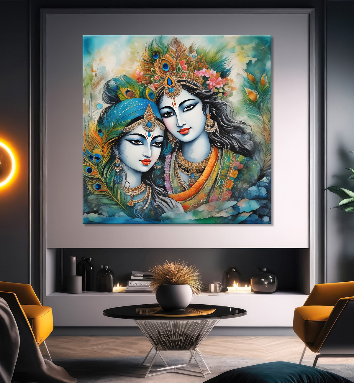 Blue face of krishna with radha in oil painting Canvas Painting 24X24- Design - Krishna-S-27