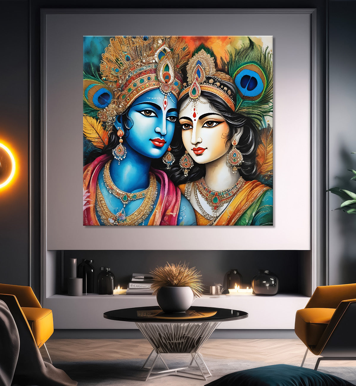 Blue face of krishna with radha in oil painting Canvas Painting 24X24- Design - Krishna-S-28