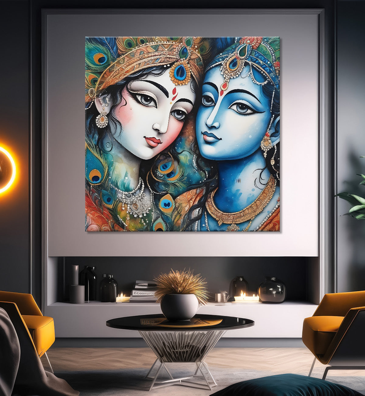 Blue face of krishna with radha in oil painting Canvas Painting 24X24- Design - Krishna-S-29