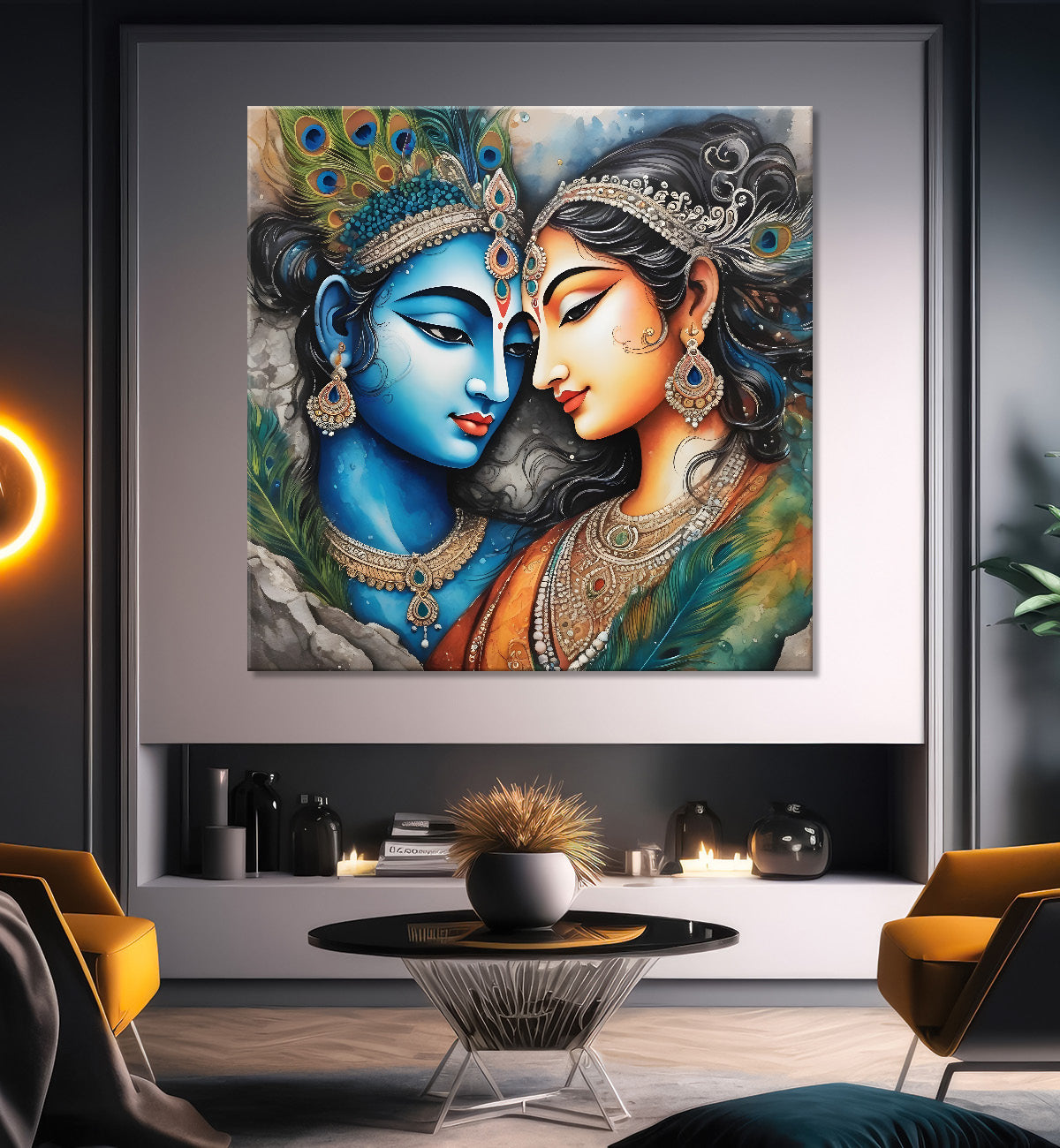 Blue face of krishna with radha in oil painting Canvas Painting 24X24- Design - Krishna-S-32