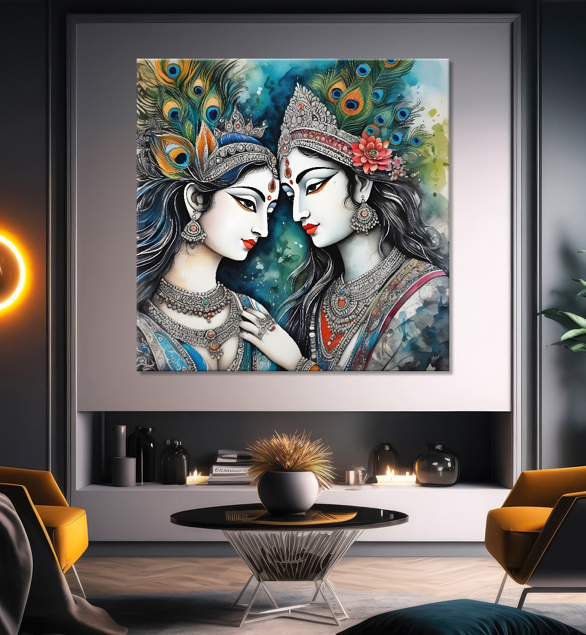 Blue face of krishna with radha in oil painting Canvas Painting 24X24- Design - Krishna-S-34