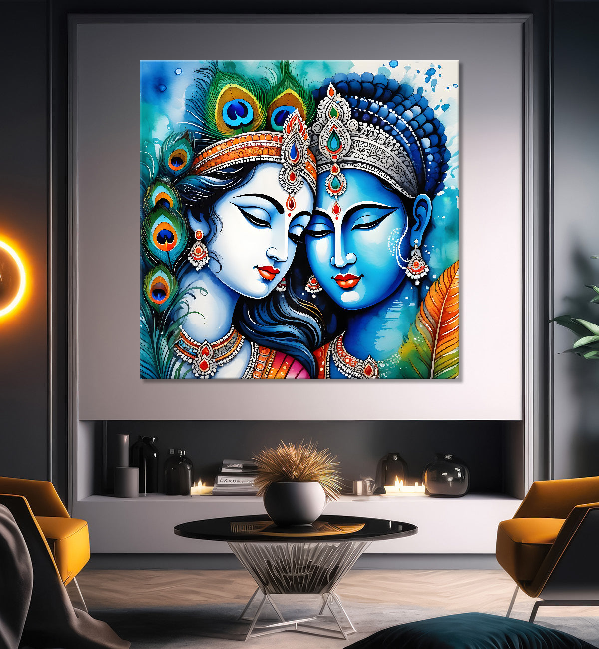 Krishna and radha with grey and bown textured oil painting Canvas Painting 24X24- Design - Krishna-S-35