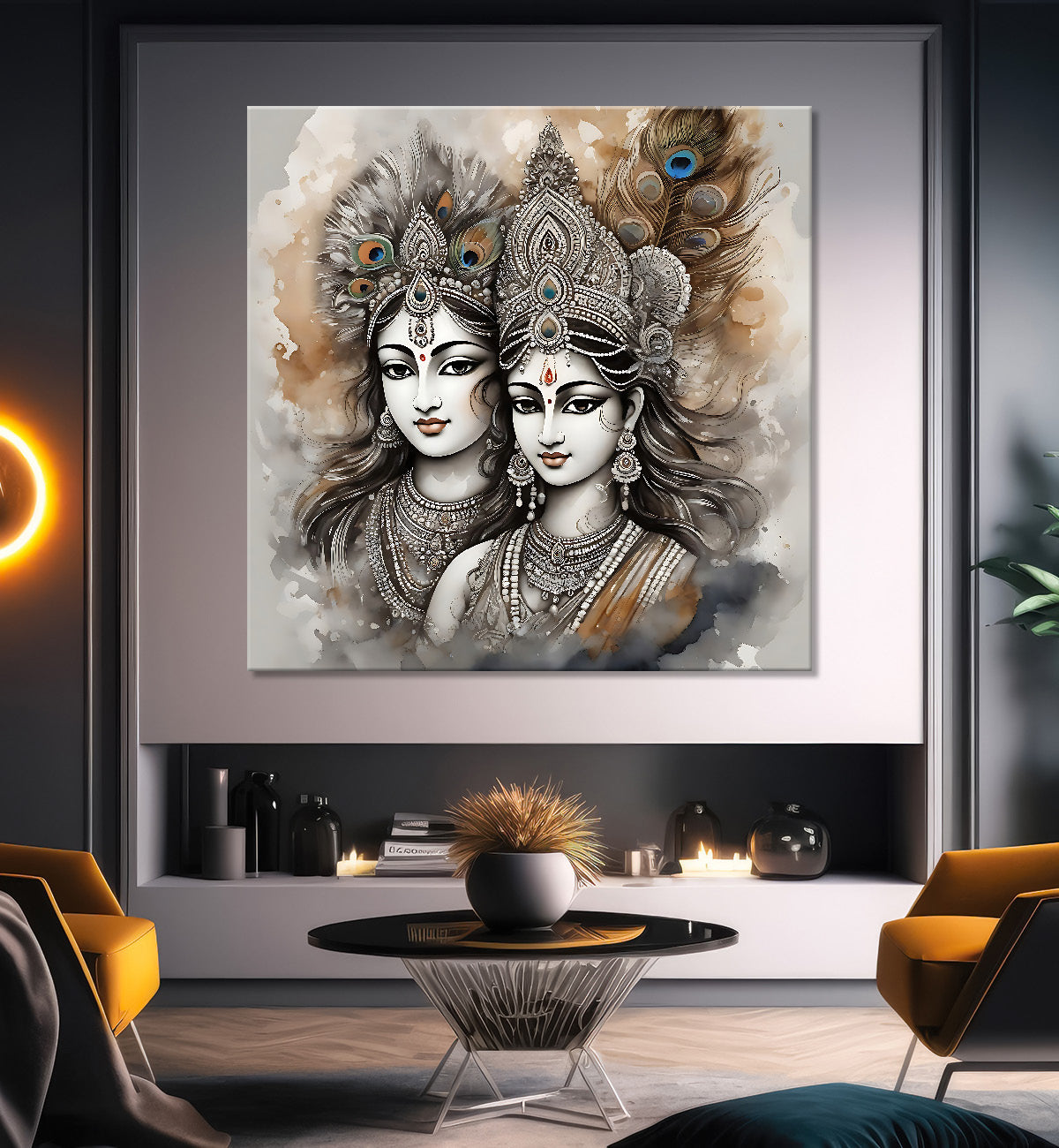 Krishna and radha with grey and bown textured oil painting Canvas Painting 24X24- Design - Krishna-S-36