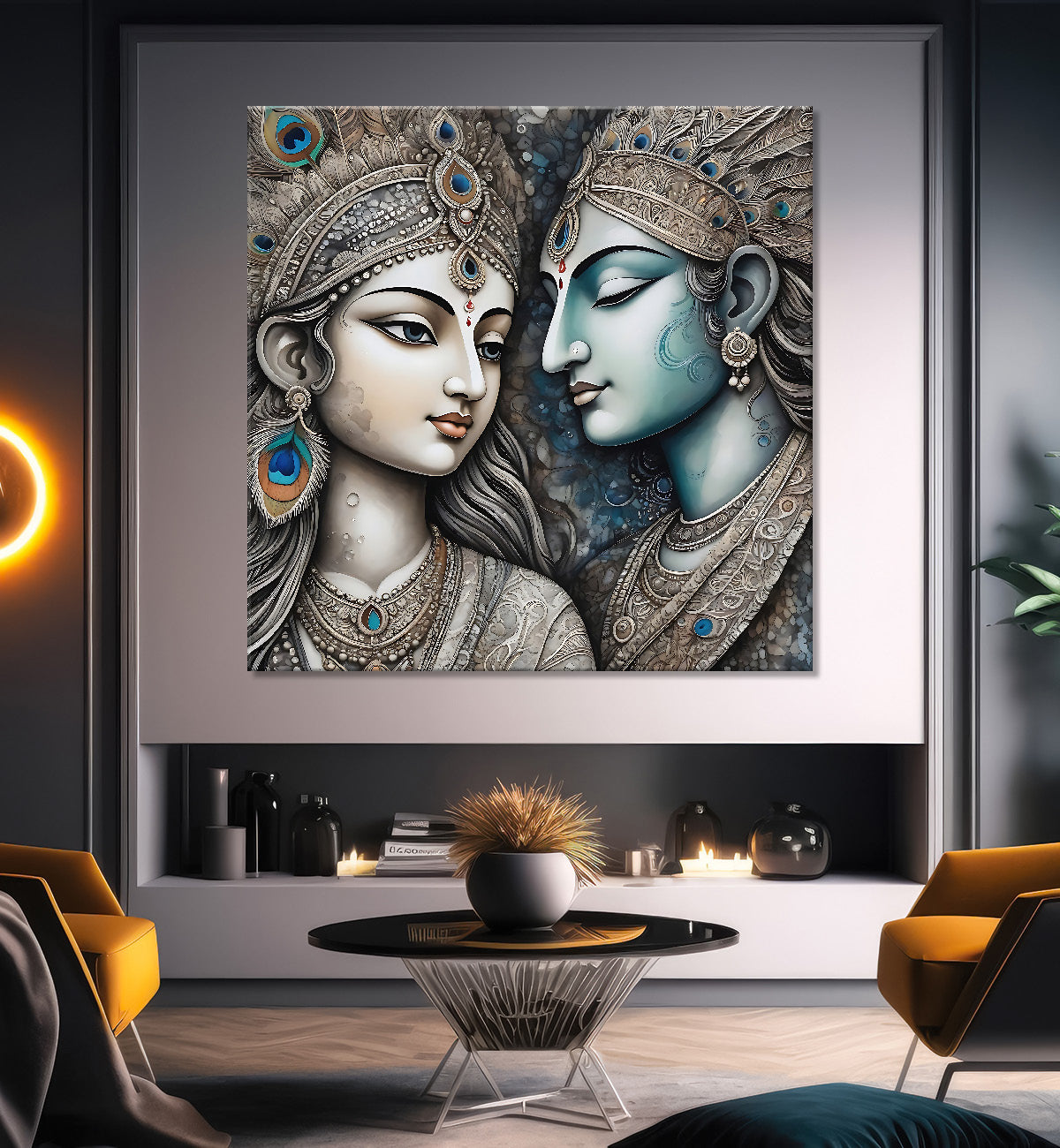 Krishna and radha with grey and bown textured oil painting Canvas Painting 24X24- Design - Krishna-S-37