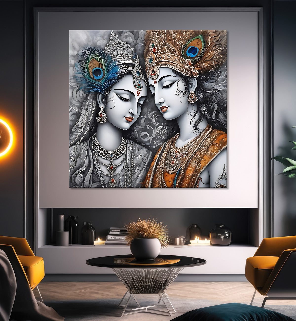 Krishna and radha with grey and bown textured oil painting Canvas Painting 24X24- Design - Krishna-S-38