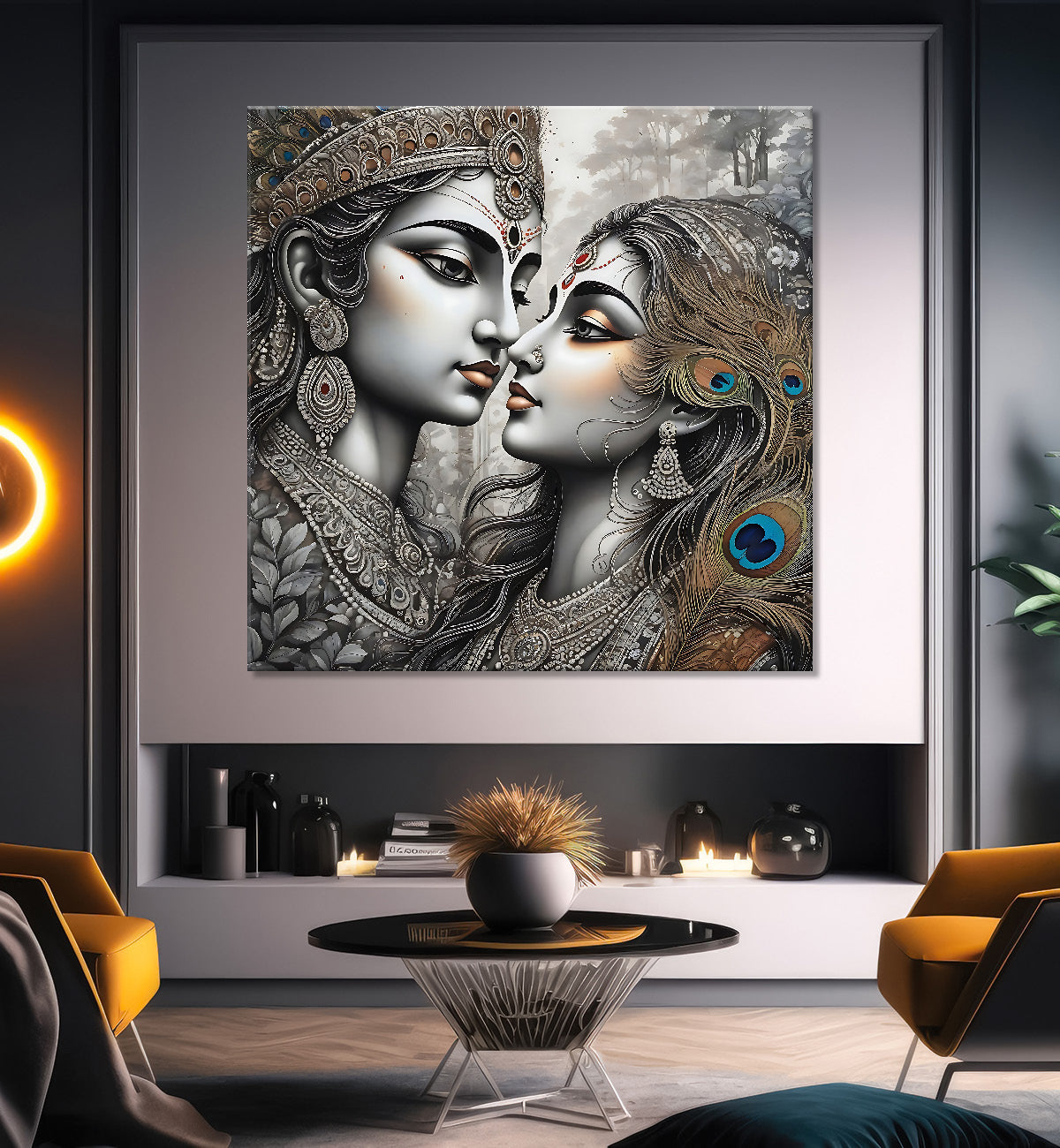 Krishna and radha with grey and bown textured oil painting Canvas Painting 24X24- Design - Krishna-S-39