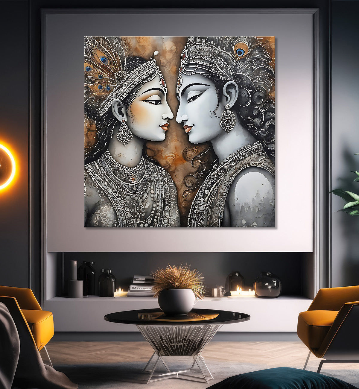 Krishna and radha with grey and bown textured oil painting Canvas Painting 24X24- Design - Krishna-S-40