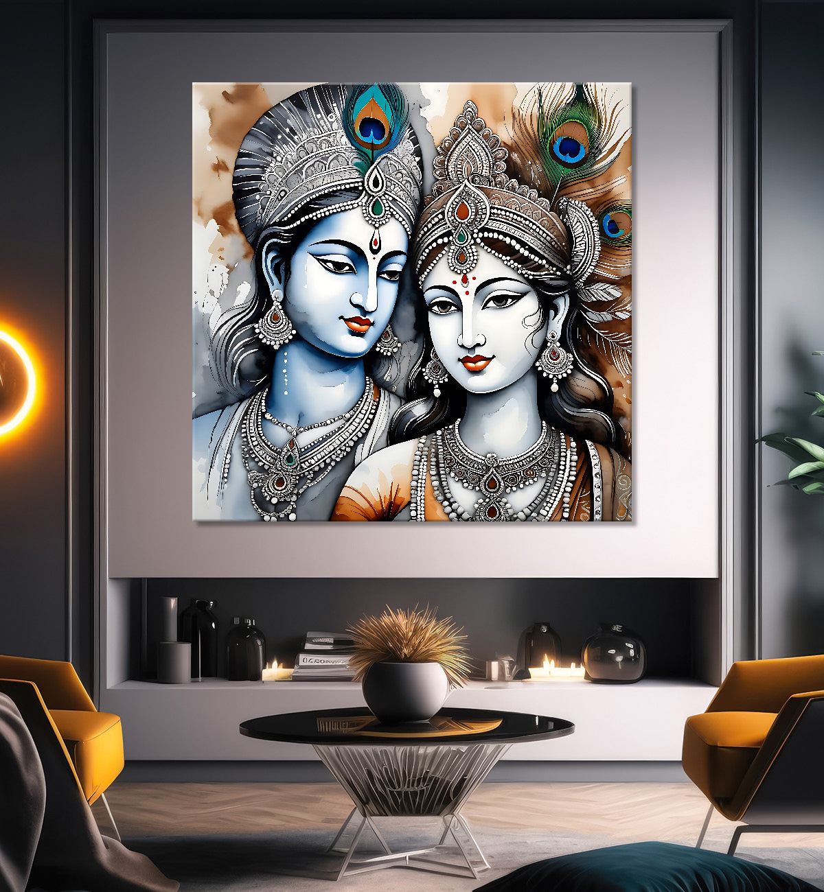 Krishna and radha with grey and bown textured oil painting Canvas Painting 24X24- Design - Krishna-S-41