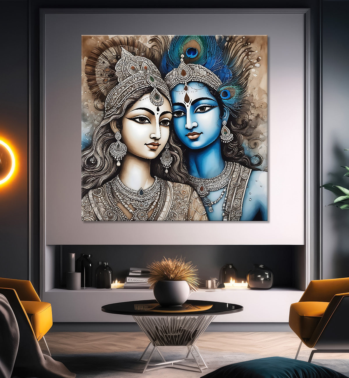 Krishna and Radha with grey and brown textured oil Canvas Painting 24X24- Design - Krishna-S-42