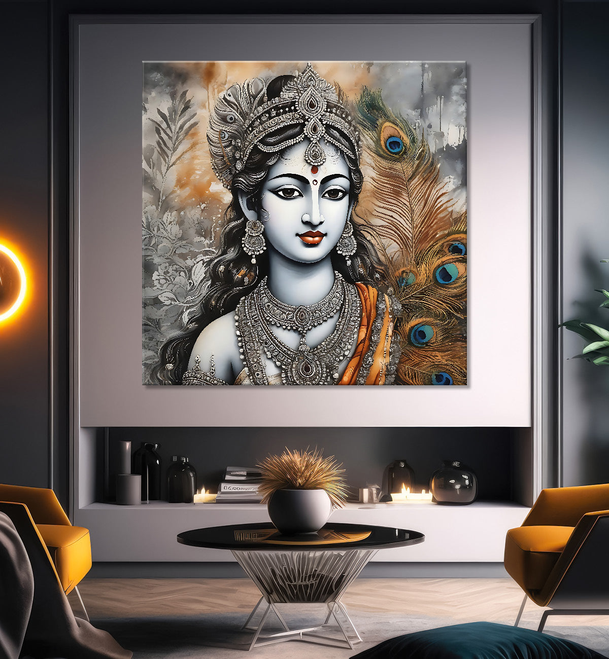 Krishna with grey and brown textured oil  Canvas Painting 24X24- Design - Krishna-S-43