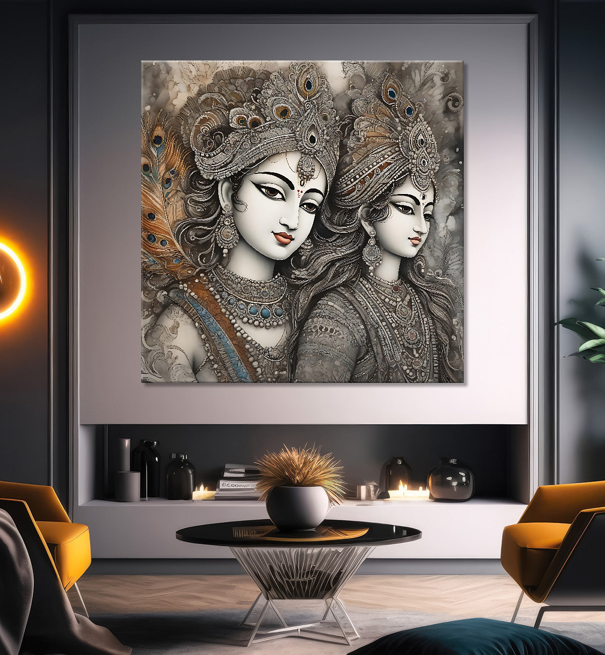 Krishna and Radha with grey and brown textured oil  Canvas Painting 24X24- Design - Krishna-S-44