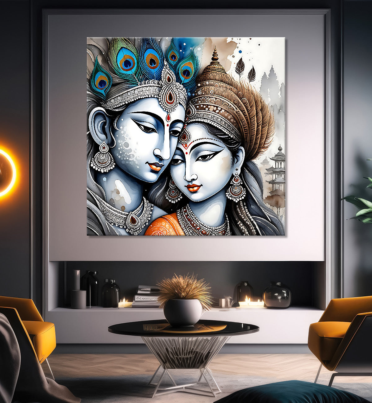 Krishna and Radha with grey and brown textured oil  Canvas Painting 24X24- Design - Krishna-S-51