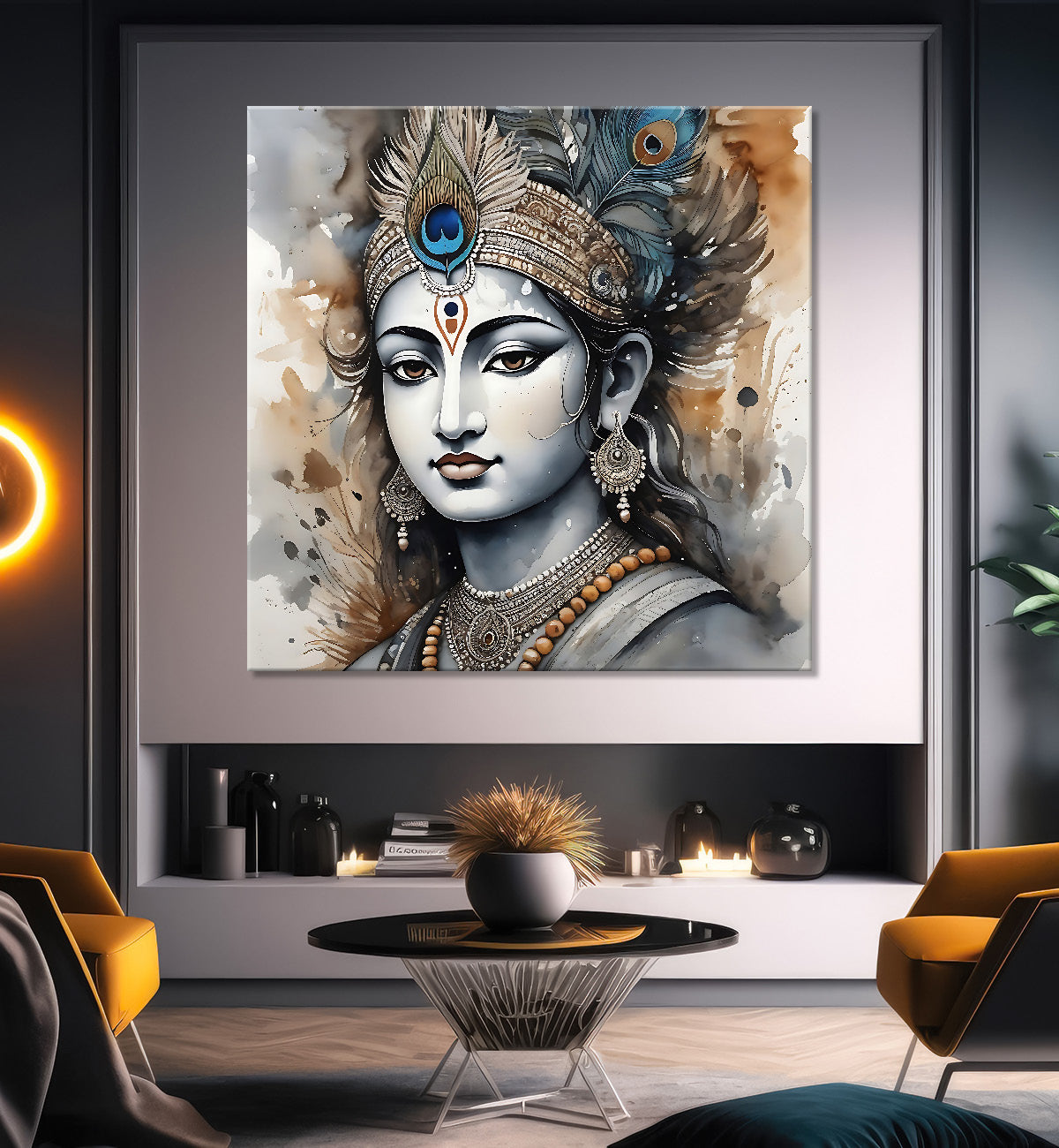Krishna with grey and brown textured oil  Canvas Painting 24X24- Design - Krishna-S-59