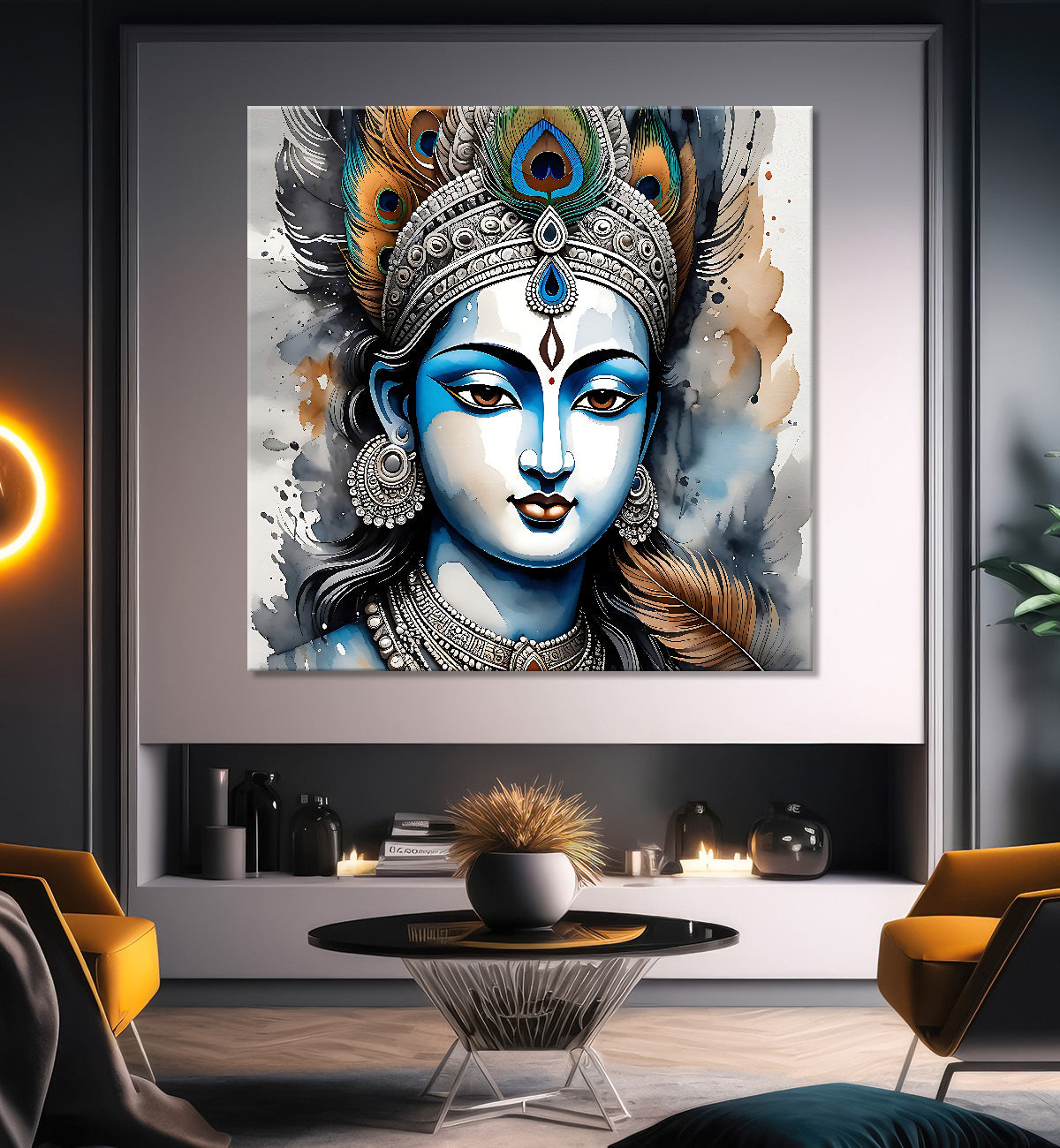 Krishna with grey and brown textured oil  Canvas Painting 24X24- Design - Krishna-S-60