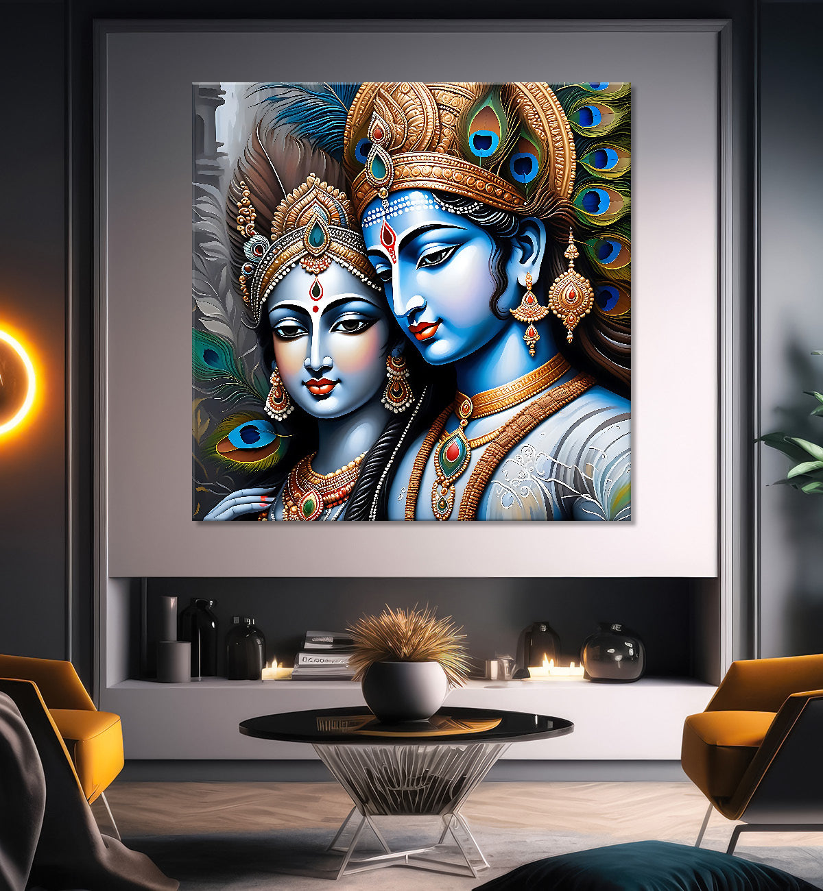 Krishna and Radha with grey and brown textured oil  Canvas Painting 24X24- Design - Krishna-S-62