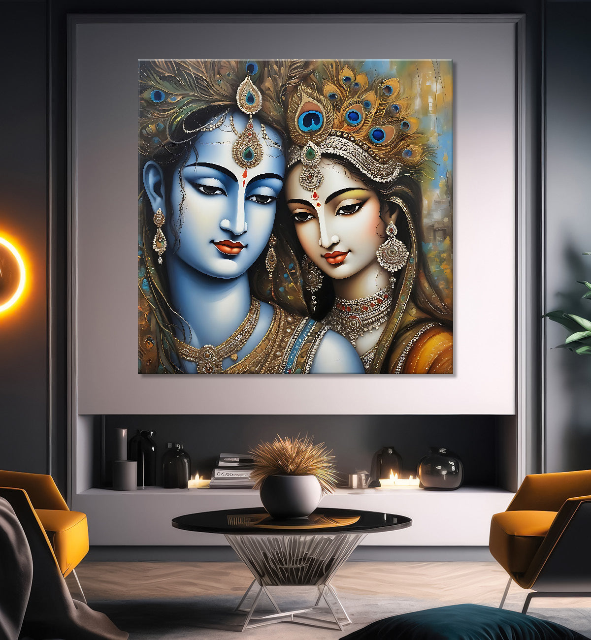 Krishna and Radha with grey and brown textured oil  Canvas Painting 24X24- Design - Krishna-S-63
