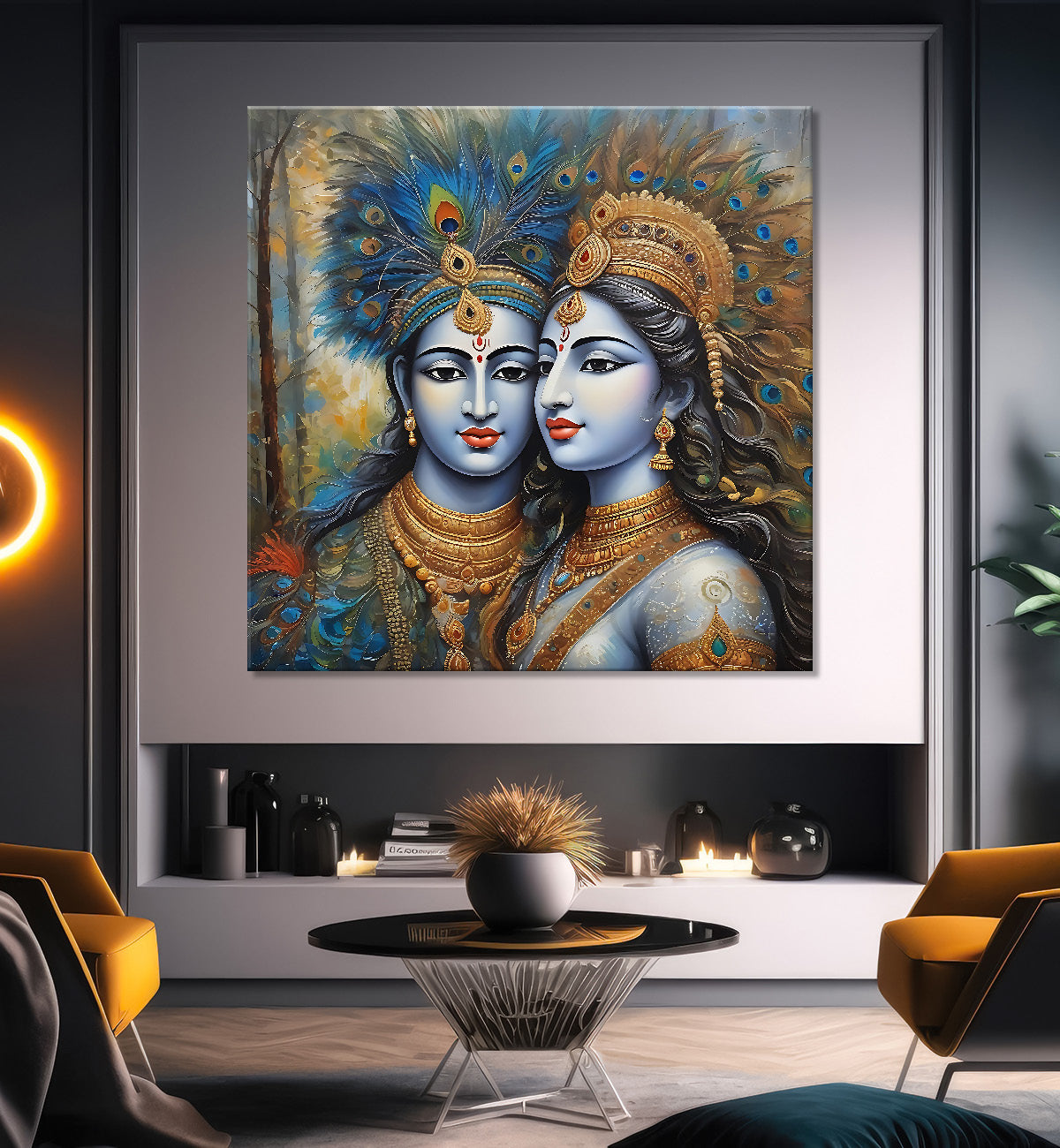 Krishna and Radha with grey and brown textured oil  Canvas Painting 24X24- Design - Krishna-S-64