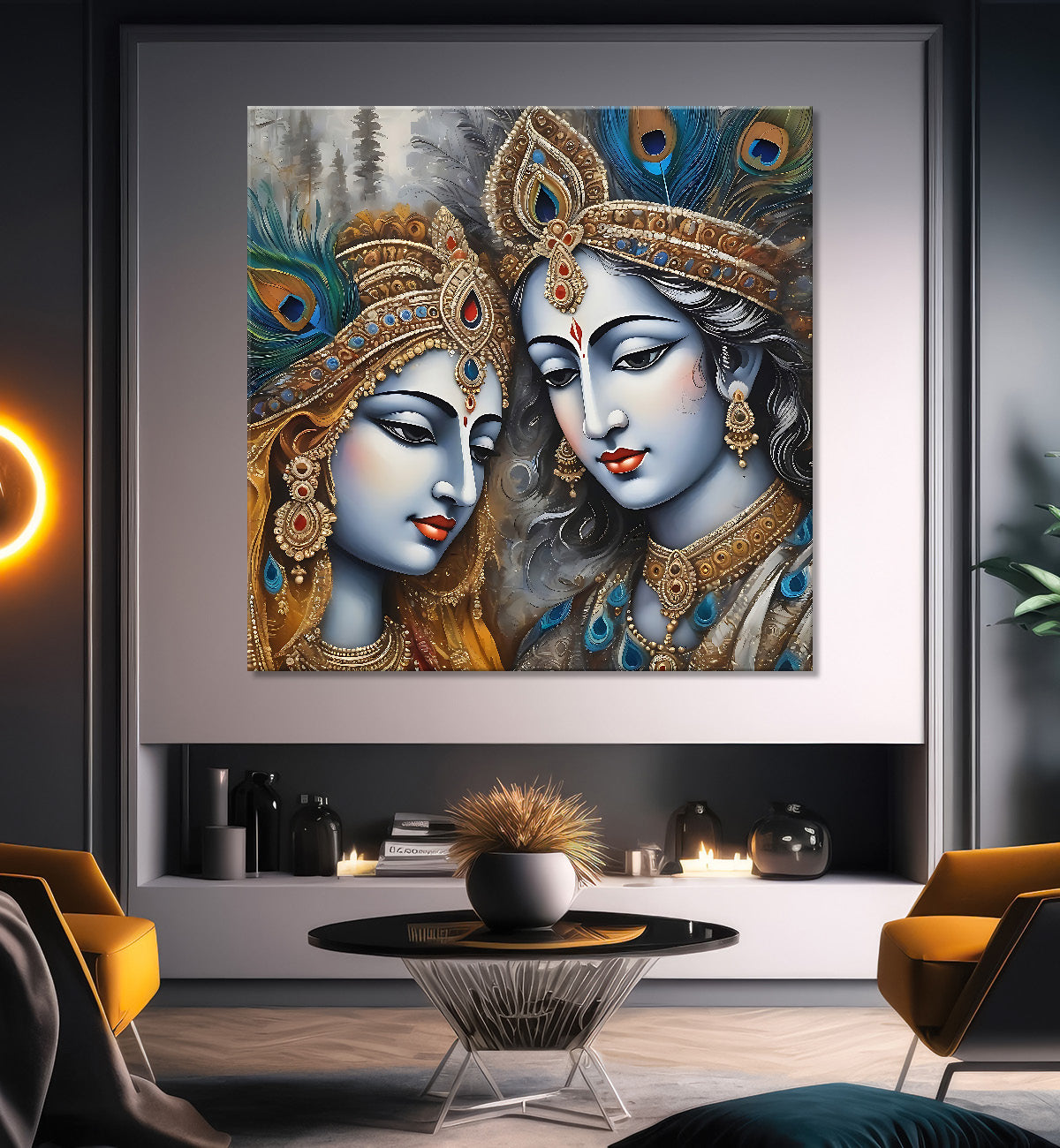 Krishna and Radha with grey and brown textured oil  Canvas Painting 24X24- Design - Krishna-S-65