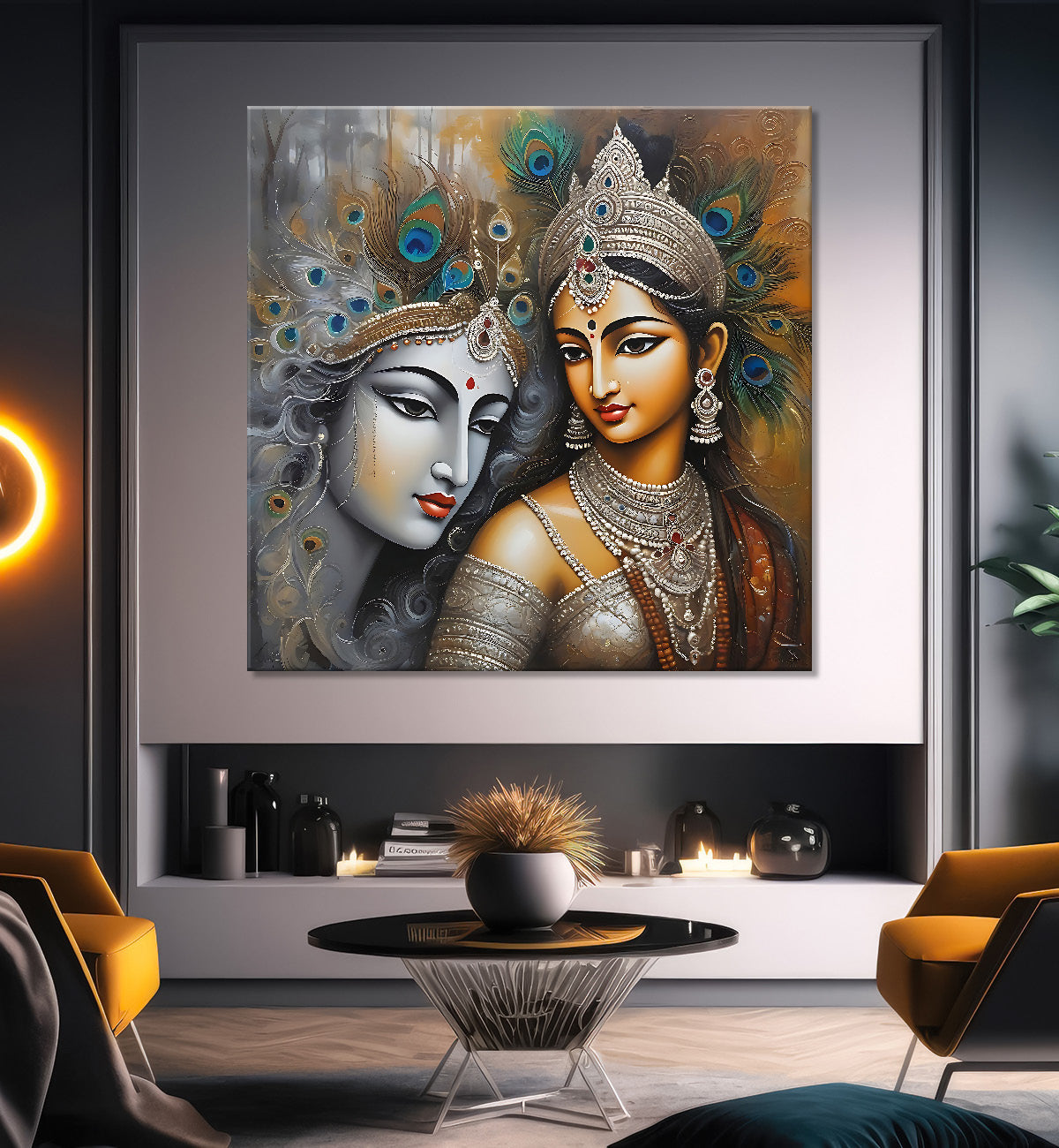 Krishna and Radha with grey and brown textured oil  Canvas Painting 24X24- Design - Krishna-S-66