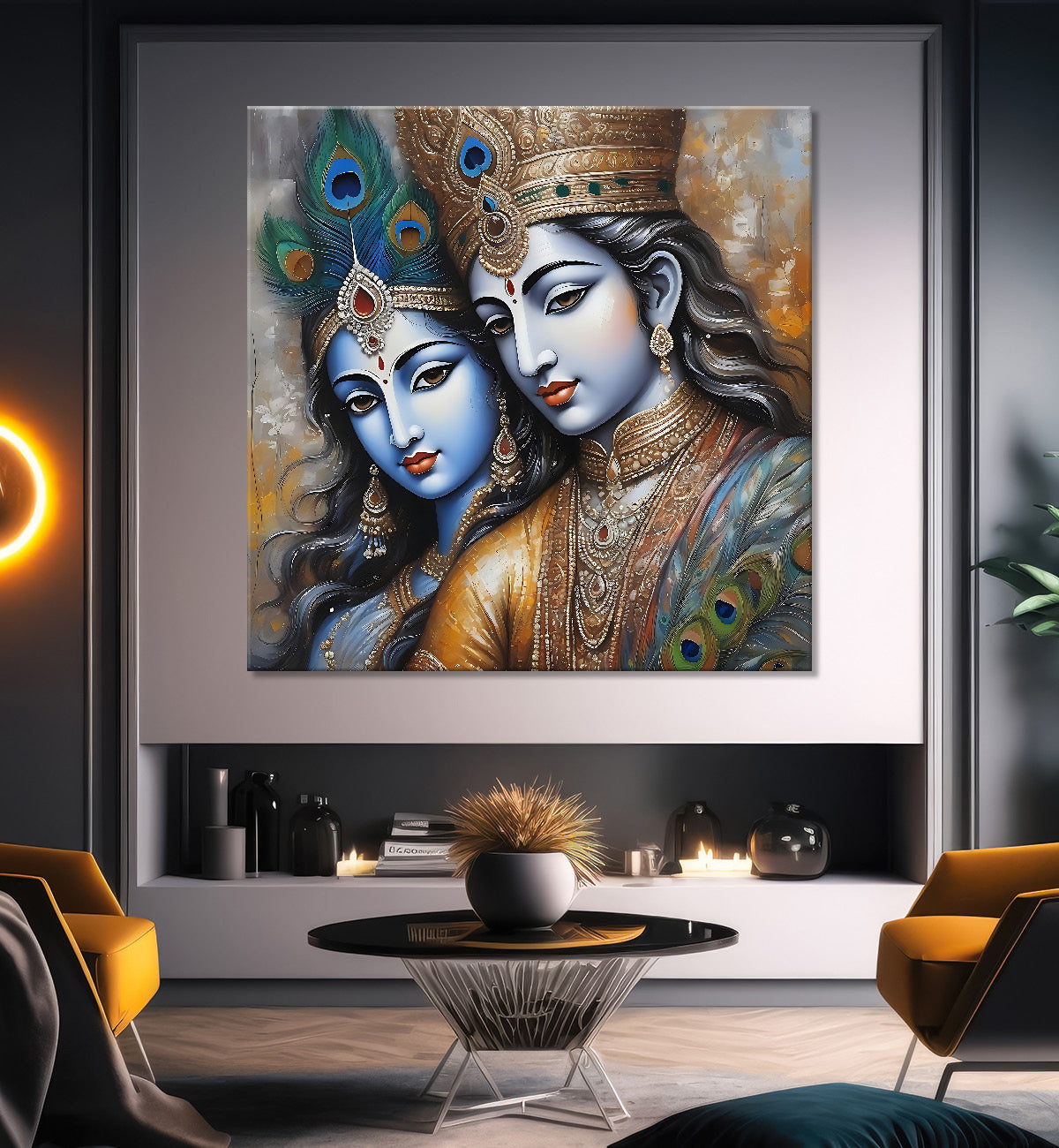 Krishna and Radha with grey and brown textured oil  Canvas Painting 24X24- Design - Krishna-S-67
