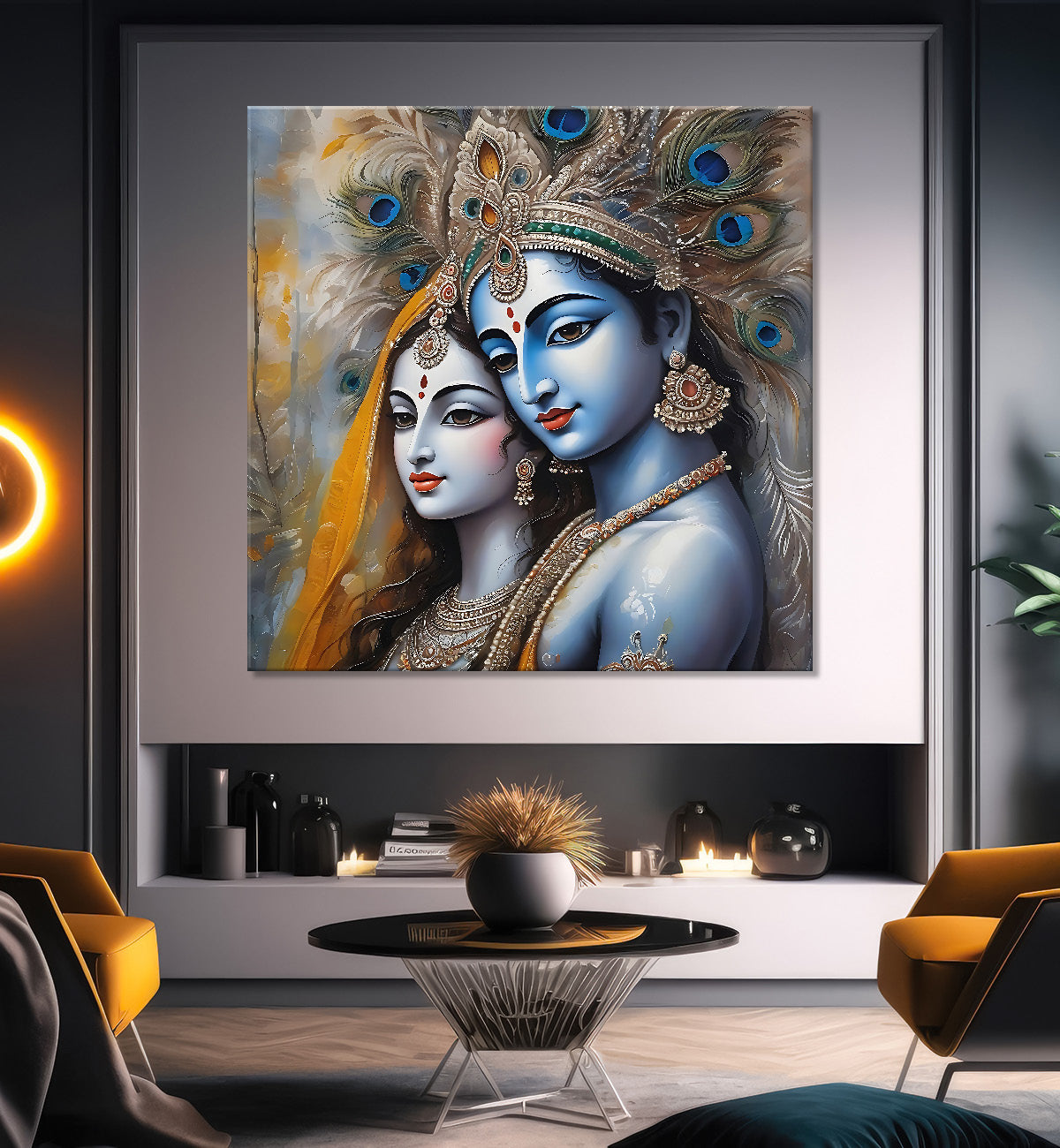 Krishna and Radha with grey and brown textured oil  Canvas Painting 24X24- Design - Krishna-S-69