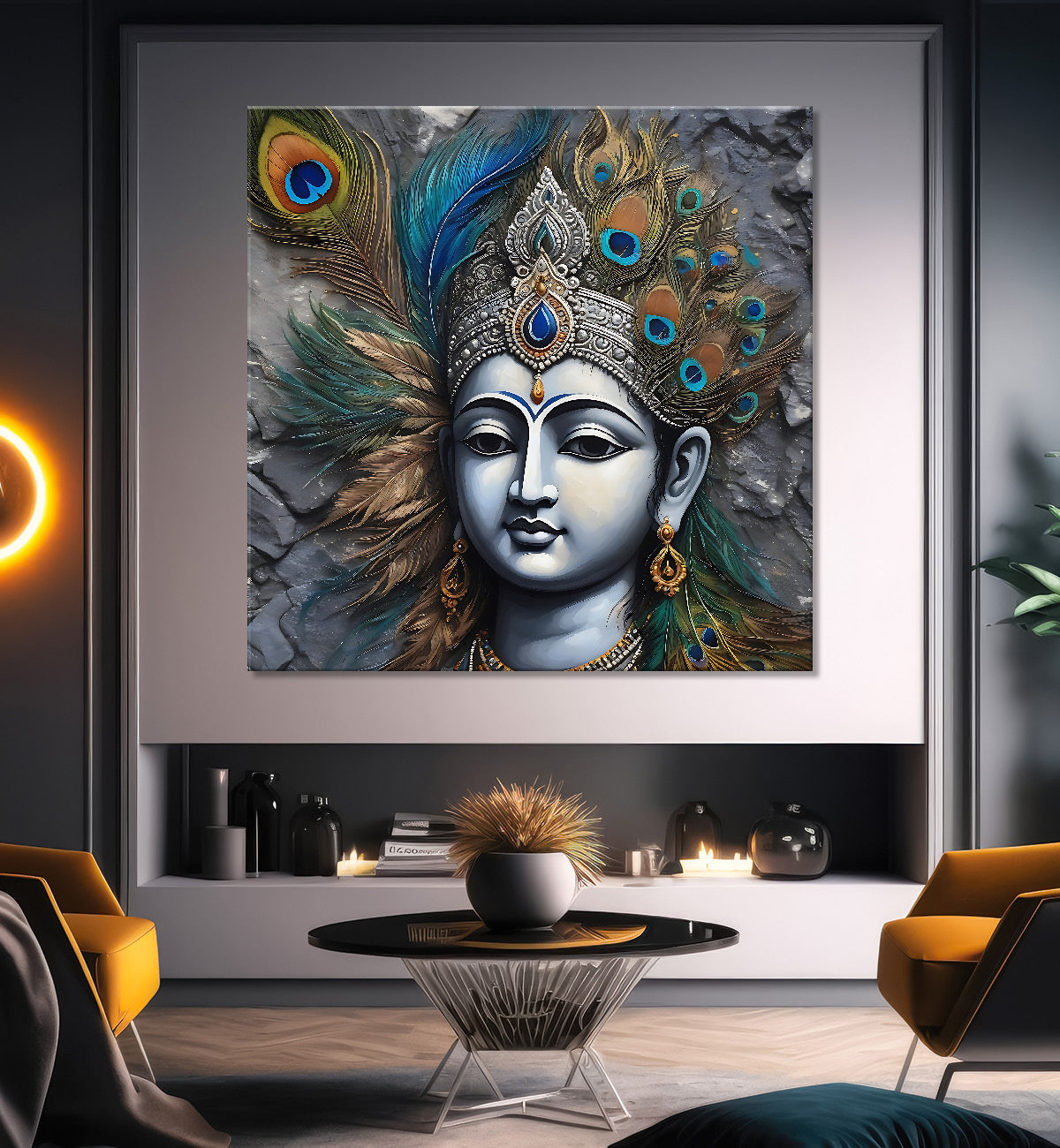 Krishna with grey and brown textured oil  Canvas Painting 24X24- Design - Krishna-S-71