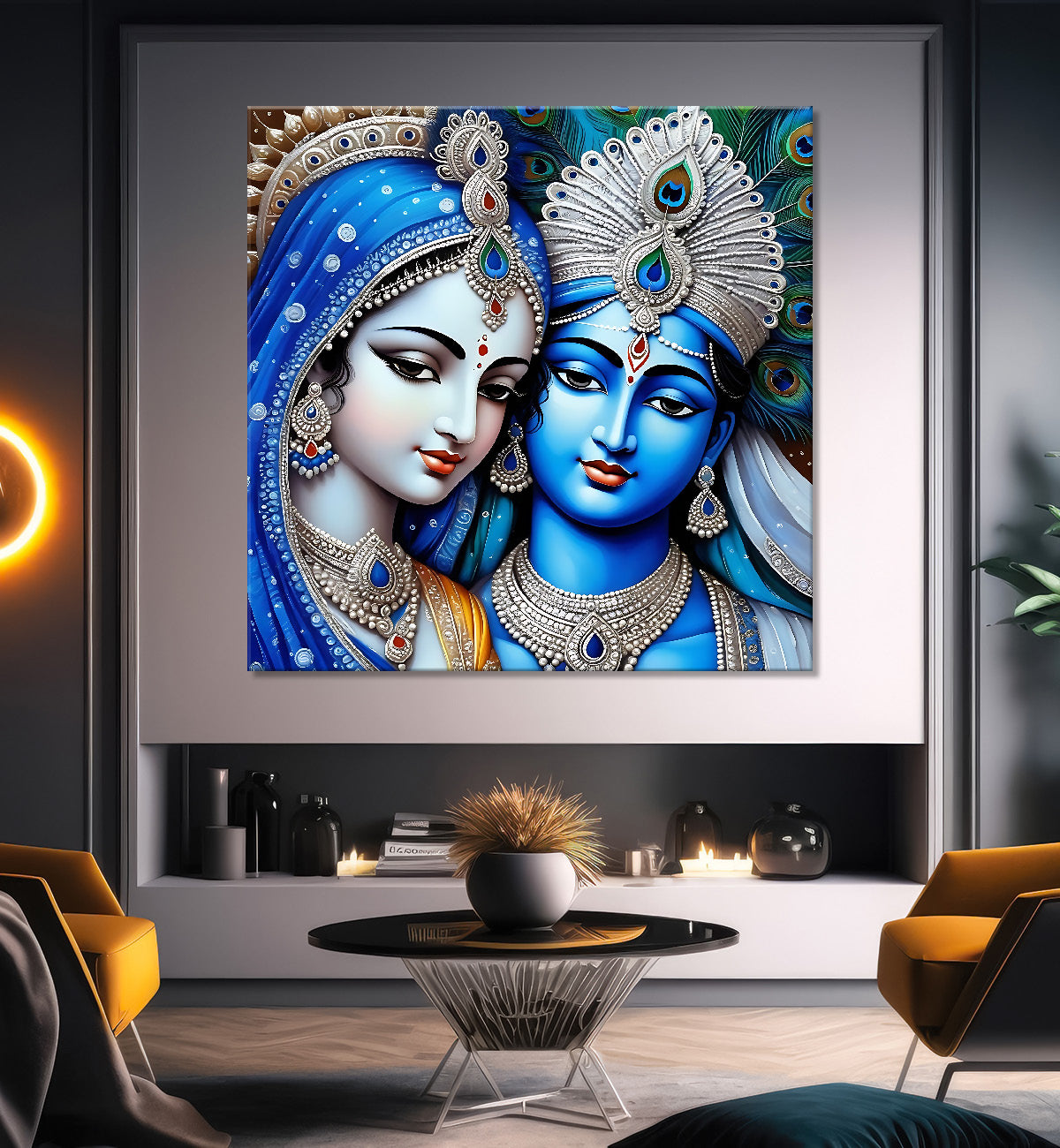 Blue face of Krishna and Radha with blue textured in oil Canvas Painting 24X24- Design - Krishna-S-73