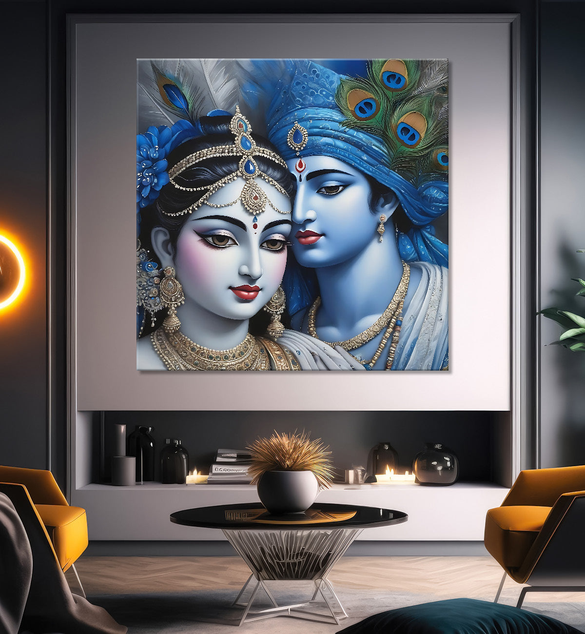 Blue face of Krishna and Radha with blue textured in oil Canvas Painting 24X24- Design - Krishna-S-74