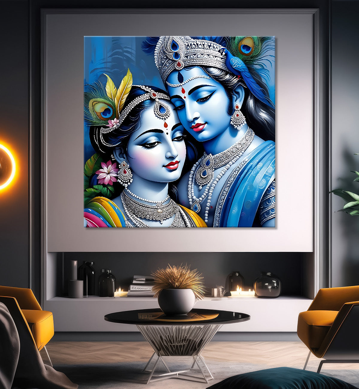 Blue face of krishna and radha with blue textured in oil painting Canvas Painting 24X24- Design - Krishna-S-75