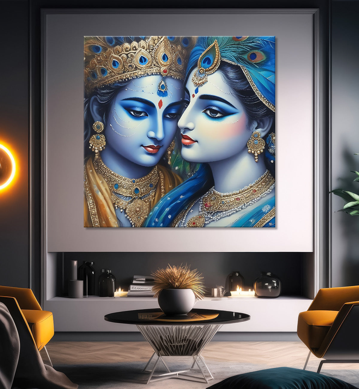 Blue face of krishna and radha with blue textured in oil painting Canvas Painting 24X24- Design - Krishna-S-76