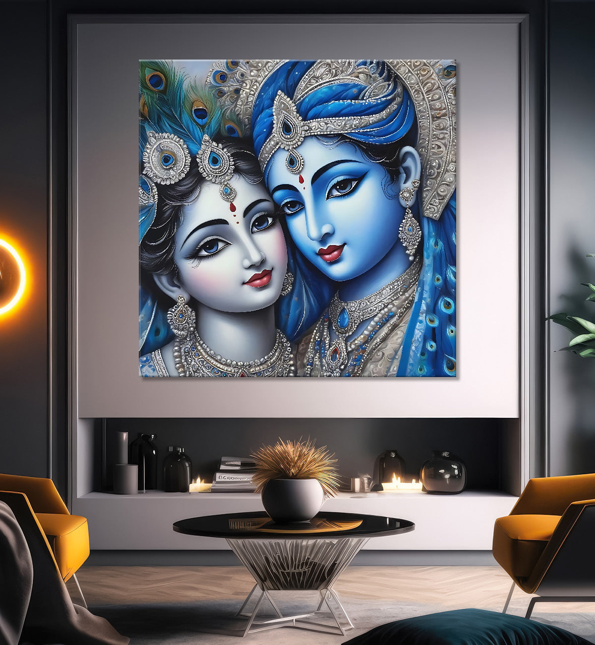 Blue face of krishna and radha with blue textured in oil painting Canvas Painting 24X24- Design - Krishna-S-77