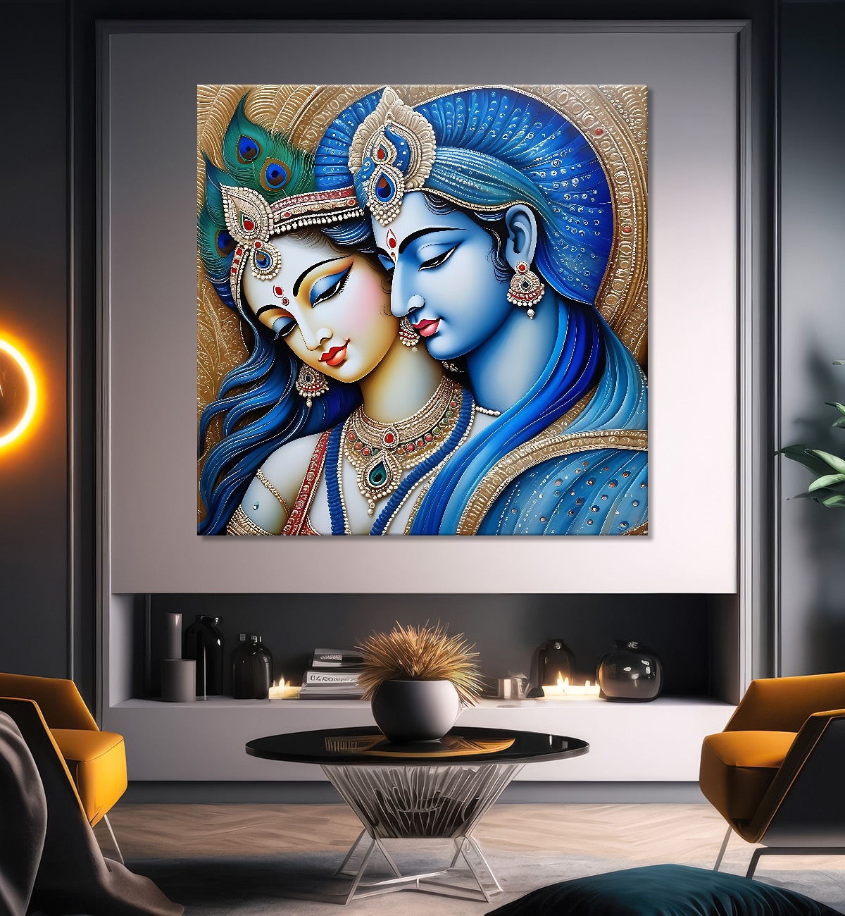 Blue face of krishna and radha with blue textured in oil painting Canvas Painting 24X24- Design - Krishna-S-78