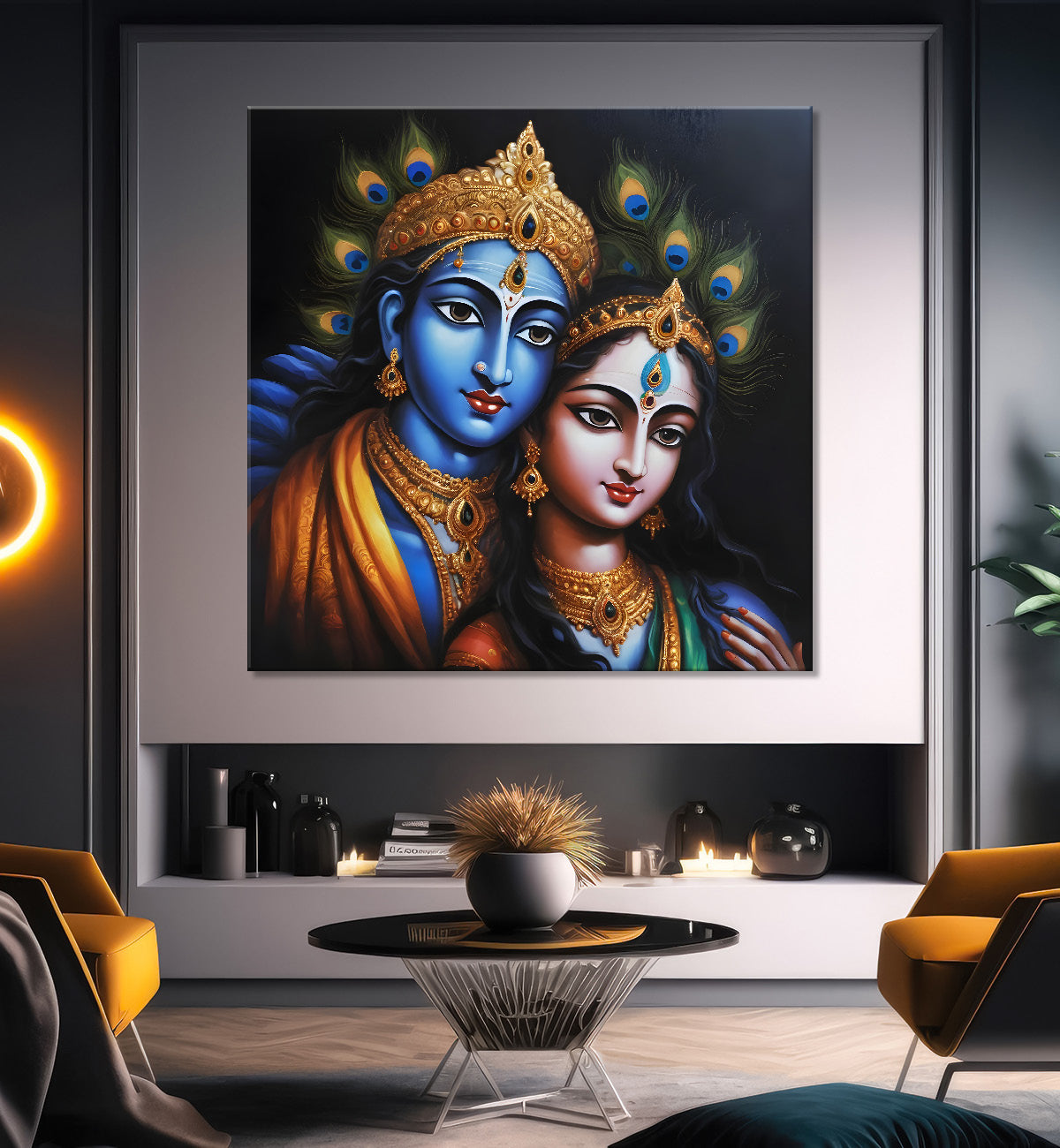 Blue face of krishna and radha with blue textured in oil painting Canvas Painting 24X24- Design - Krishna-S-79