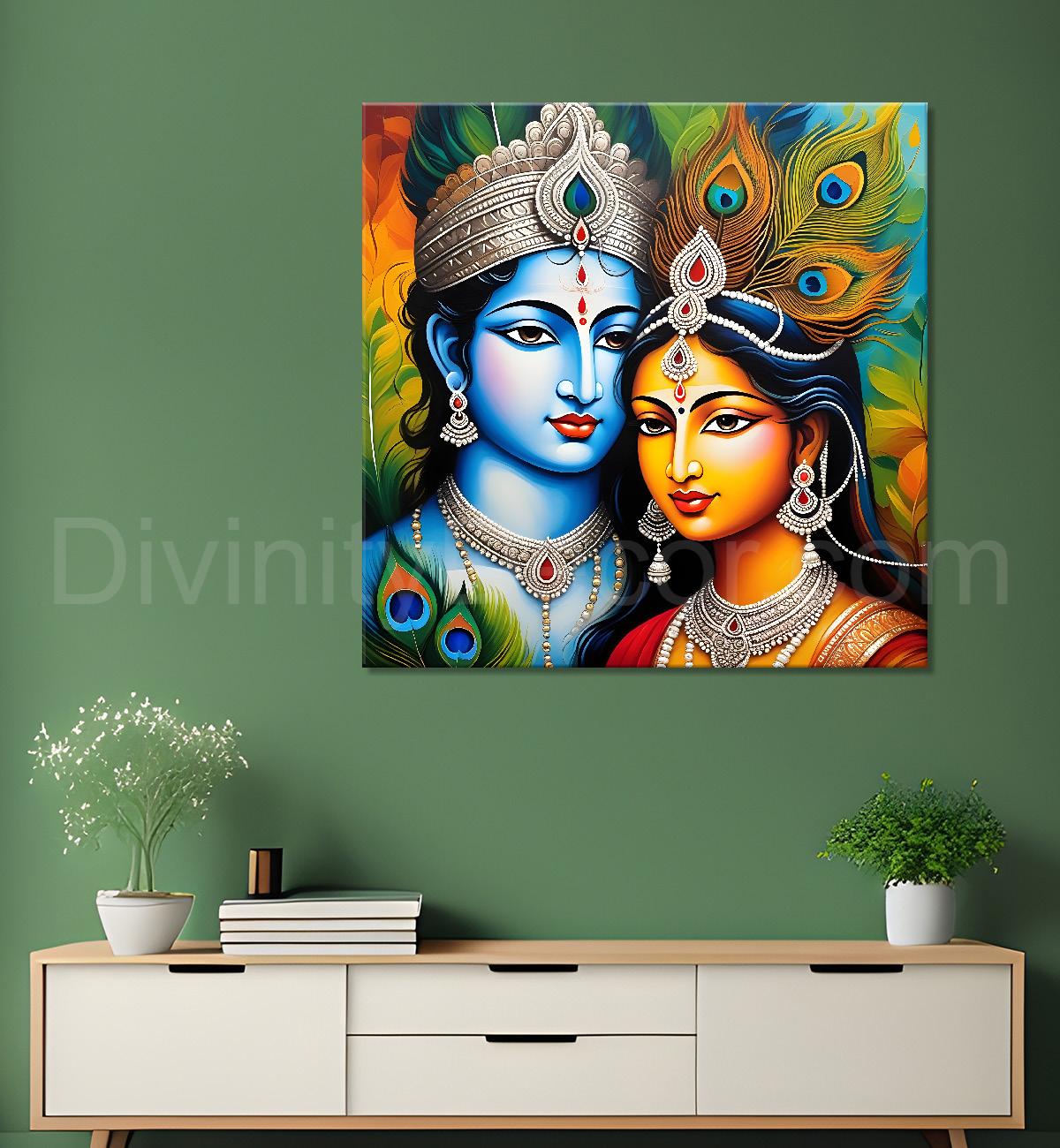 Blue face of krishna with radha in oil painting Canvas Painting 24X24- Design - Krishna-S-1