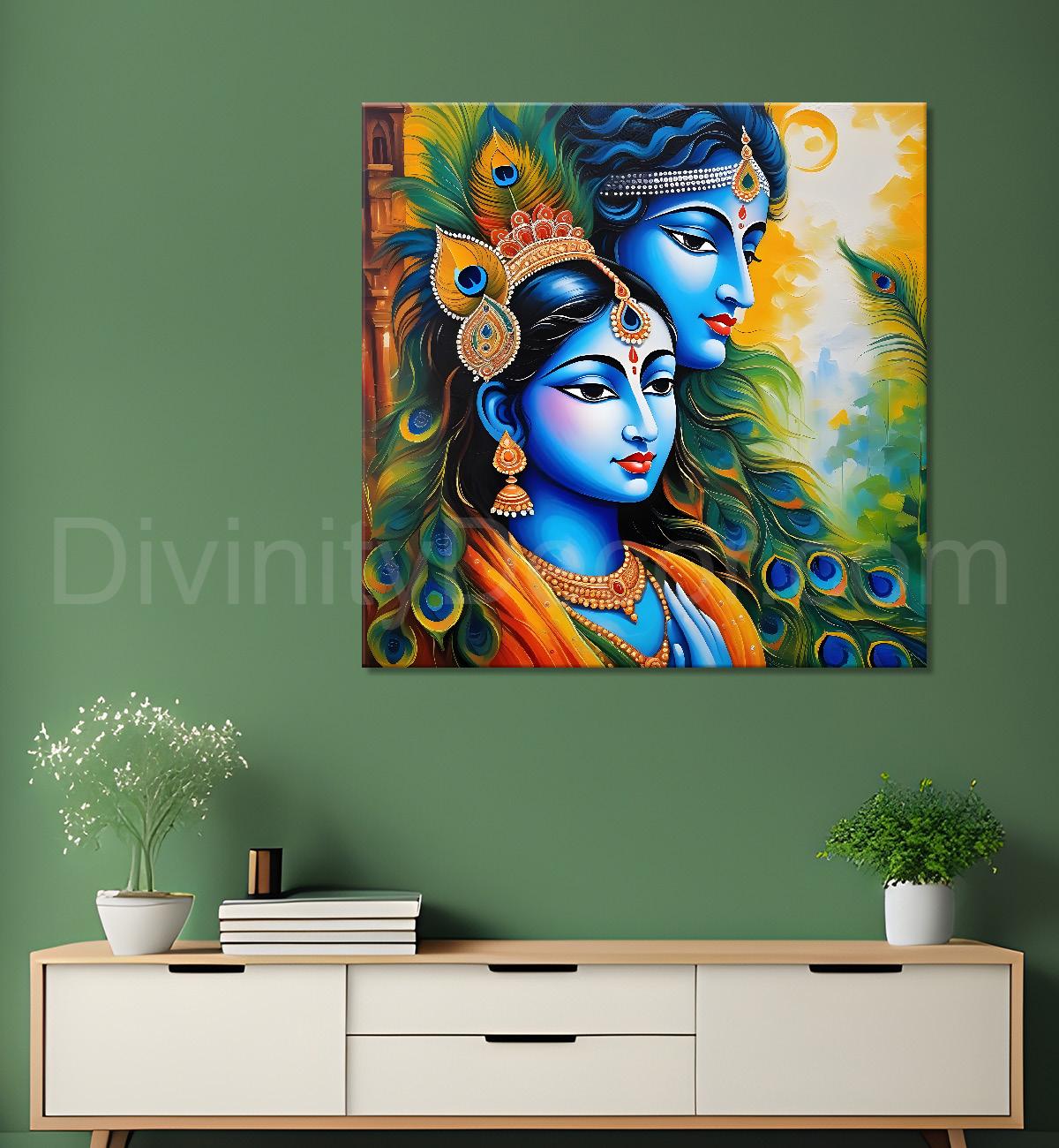Blue face of krishna with radha in oil painting Canvas Painting 24X24- Design - Krishna-S-2