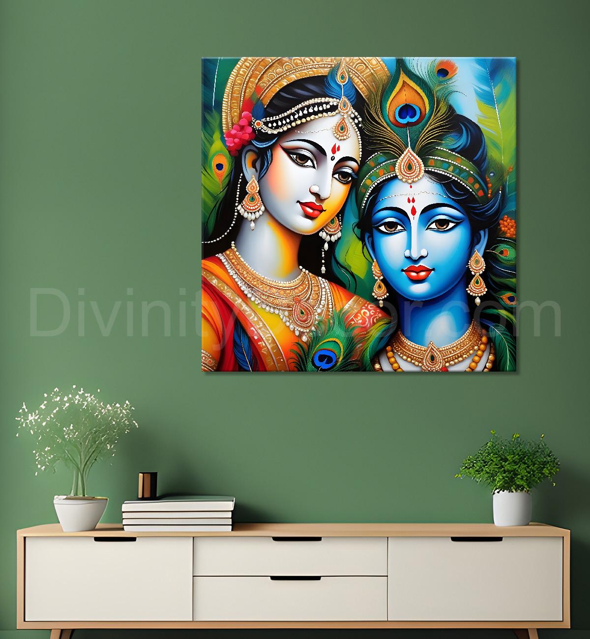 Blue face of krishna with radha in oil painting Canvas Painting 24X24- Design - Krishna-S-3