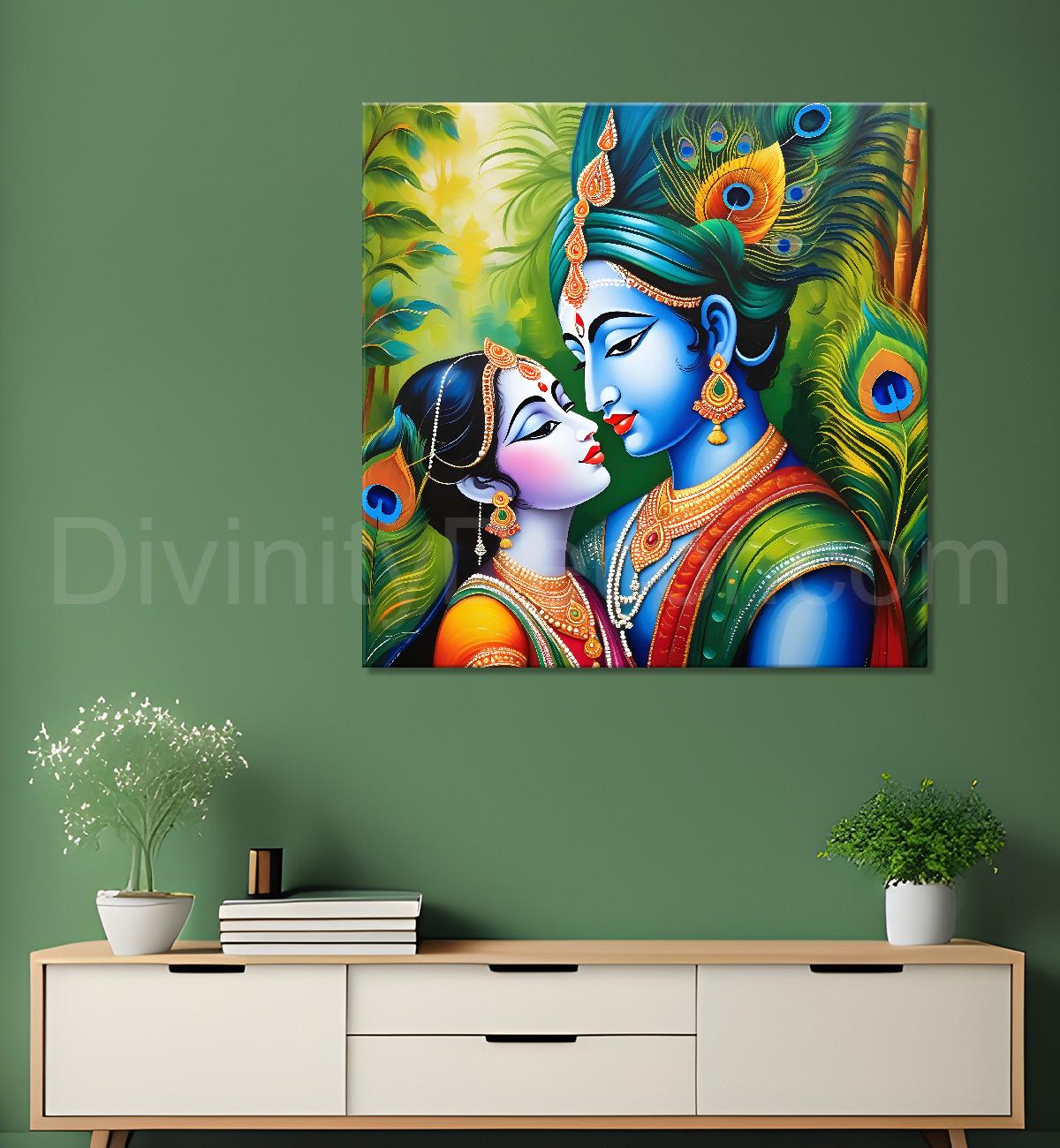 Blue face of krishna with radha in oil painting in green background Canvas Painting 24X24- Design - Krishna-S-4